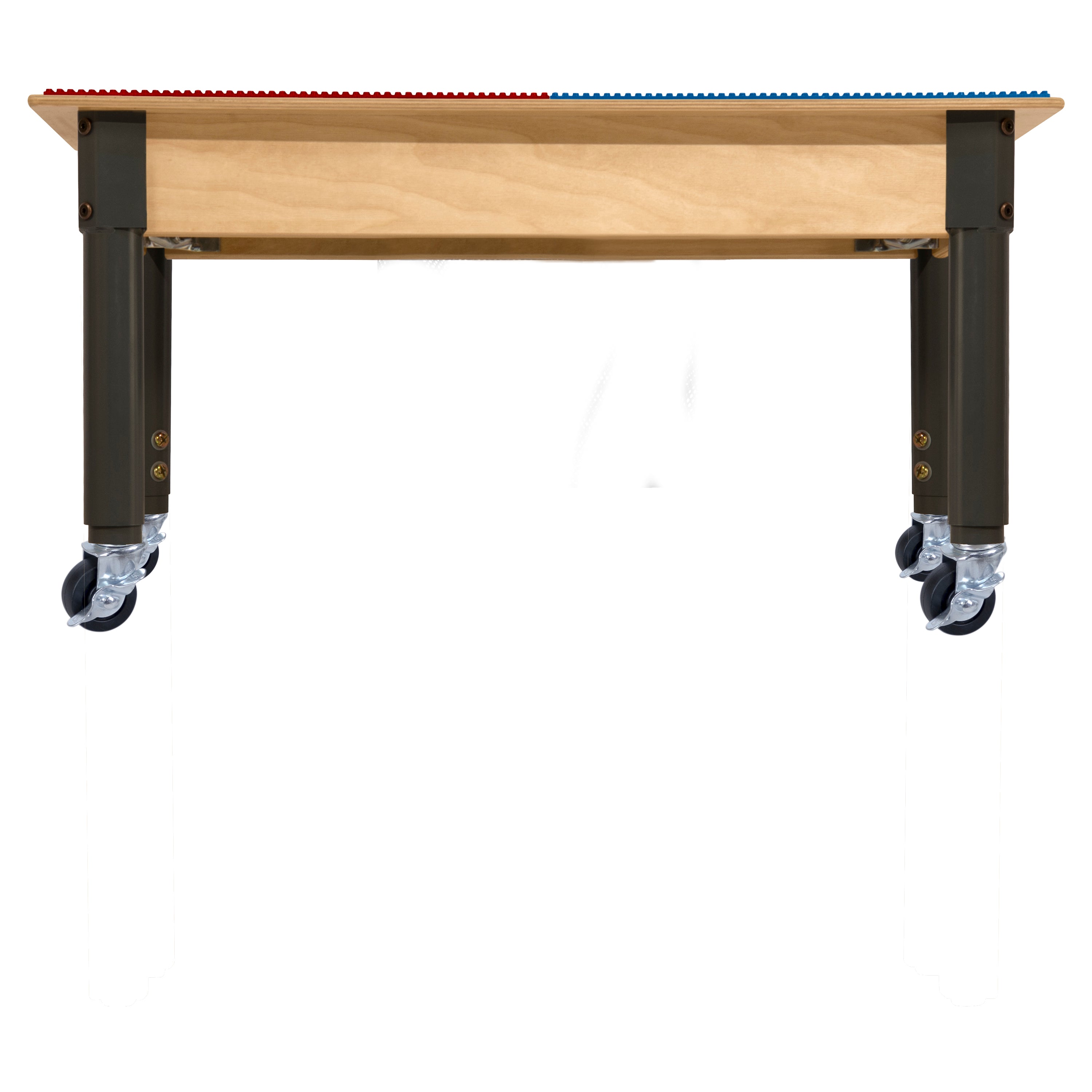 Square Time-2-Play Table with a trough, along with adjustable 12"-17" legs with locking casters and a LEGO® Compatible Grid of RED/BLUE Color