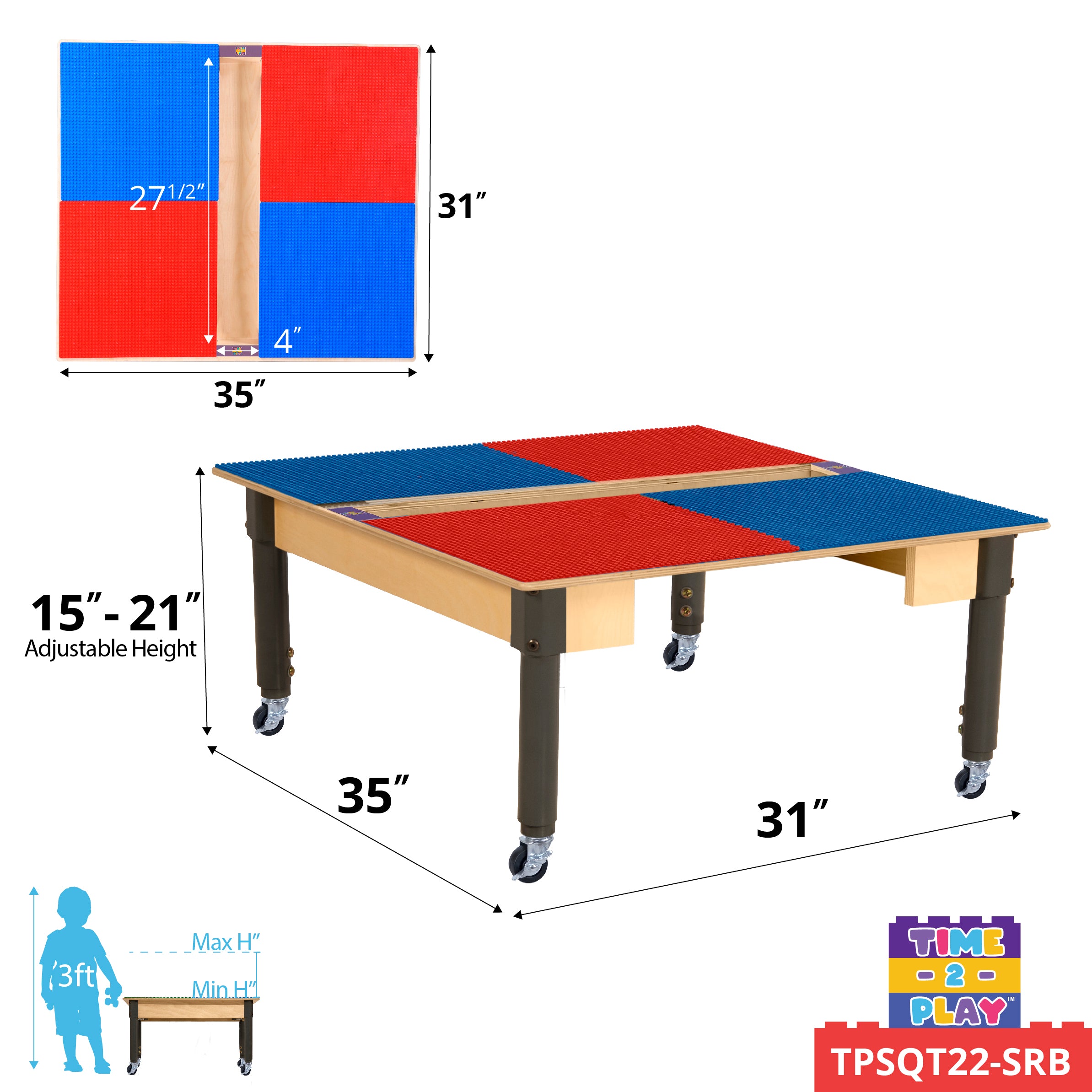 Square Time-2-Play Table with a trough, along with adjustable 12"-17" legs with locking casters and a LEGO® Compatible Grid of RED/BLUE Color