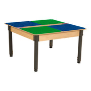 Square Time-2-Play Table with a trough, along with adjustable 18"-29" legs and a DUPLO® Compatible Grid of BLUE/GREEN Color