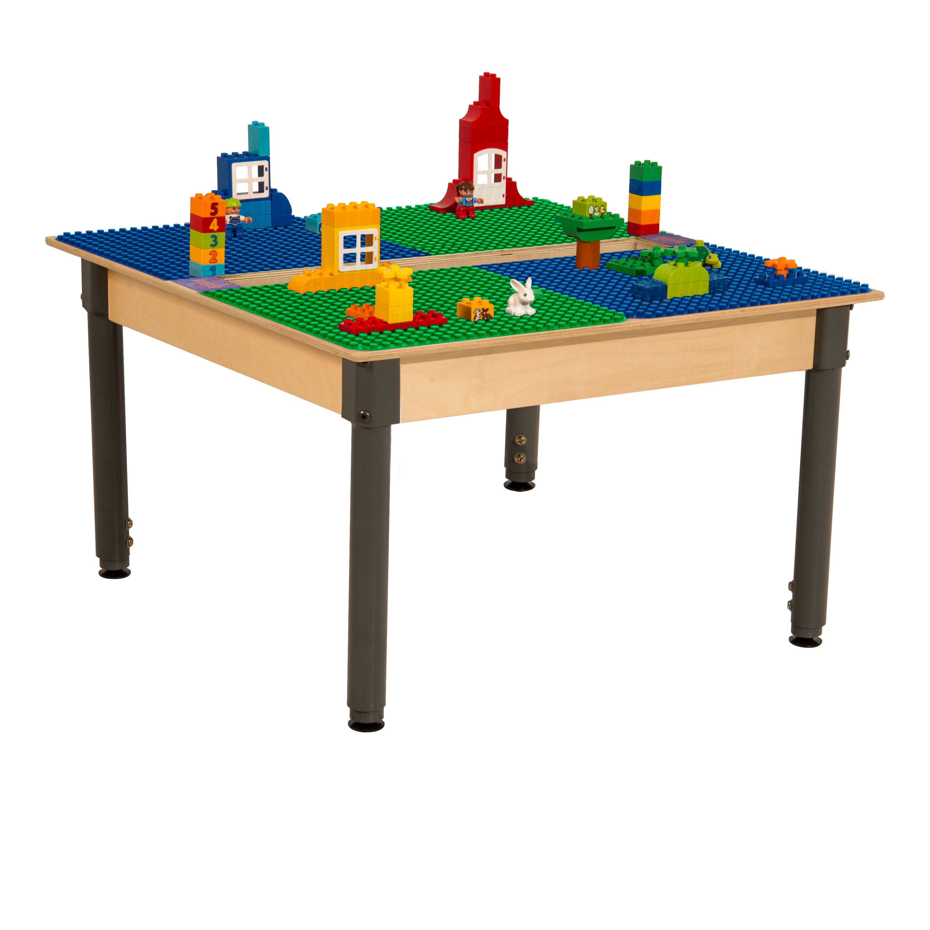 Square Time-2-Play Table with a trough, along with adjustable 18"-29" legs and a DUPLO® Compatible Grid of BLUE/GREEN Color