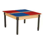 Square Time-2-Play Table with a trough, along with adjustable 18"-29" legs and a DUPLO® Compatible Grid of RED/BLUE Color