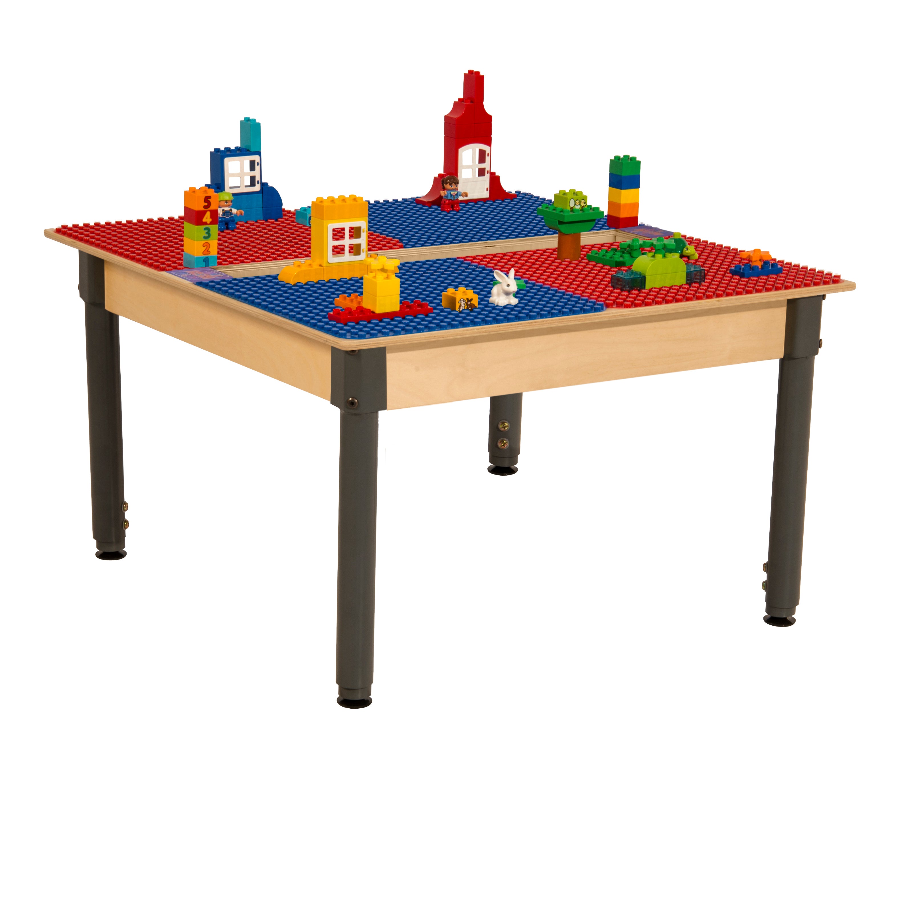 Square Time-2-Play Table with a trough, along with adjustable 18"-29" legs and a DUPLO® Compatible Grid of RED/BLUE Color