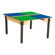 Square Time-2-Play Table with a trough, along with adjustable 18"-29" legs and a LEGO® Compatible Grid of BLUE/GREEN Color