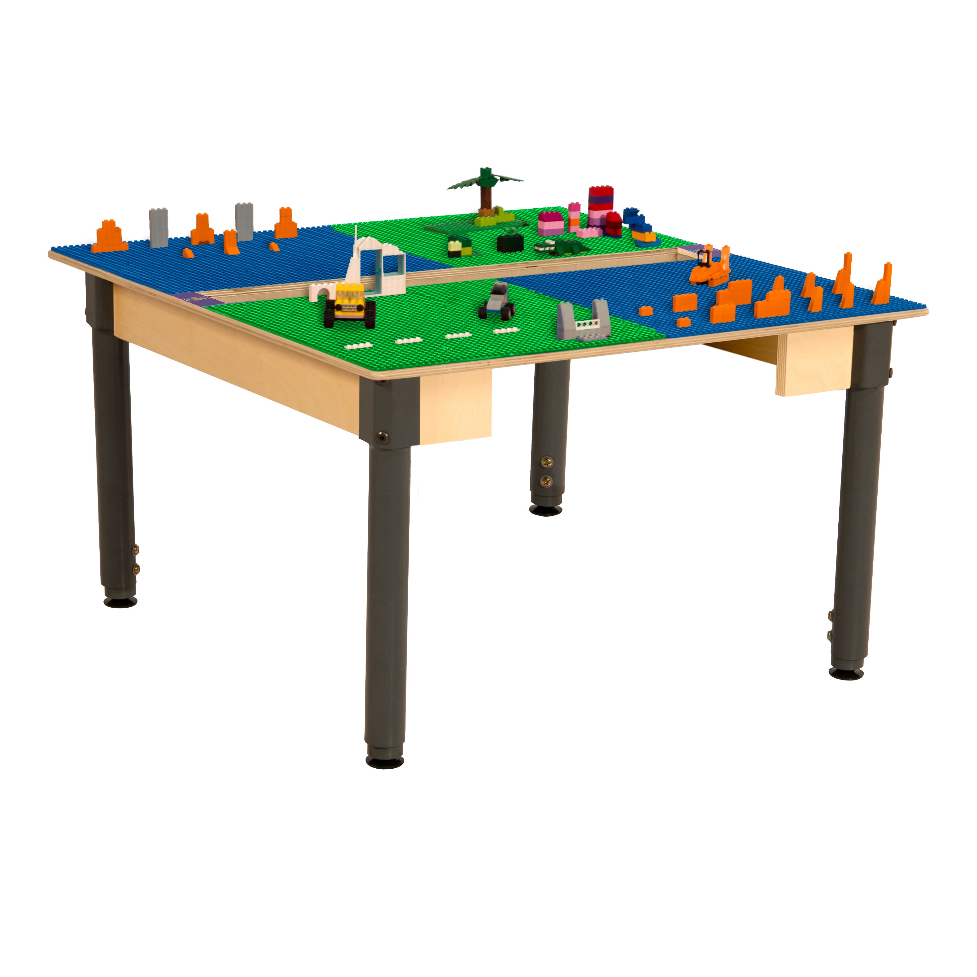 Square Time-2-Play Table with a trough, along with adjustable 18"-29" legs and a LEGO® Compatible Grid of BLUE/GREEN Color