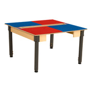 Square Time-2-Play Table with a trough, along with adjustable 18"-29" legs and a LEGO® Compatible Grid of RED/BLUE Color
