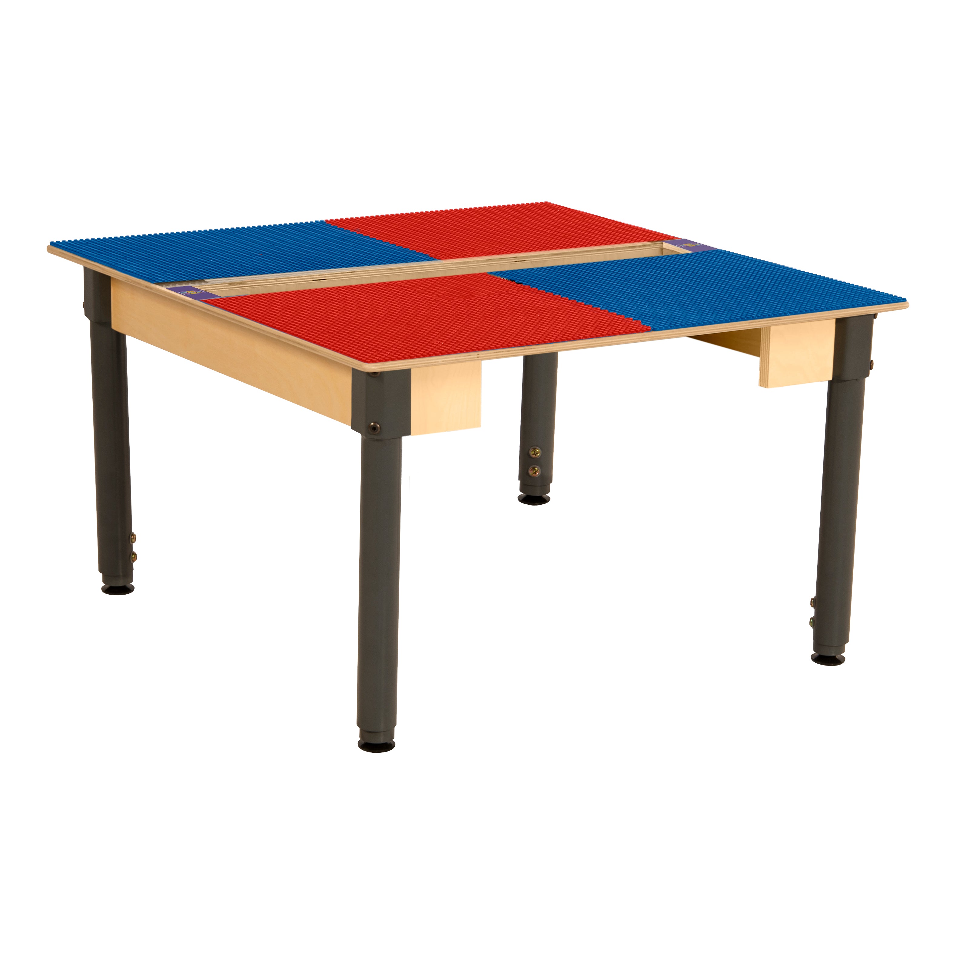 Square Time-2-Play Table with a trough, along with adjustable 18"-29" legs and a LEGO® Compatible Grid of RED/BLUE Color
