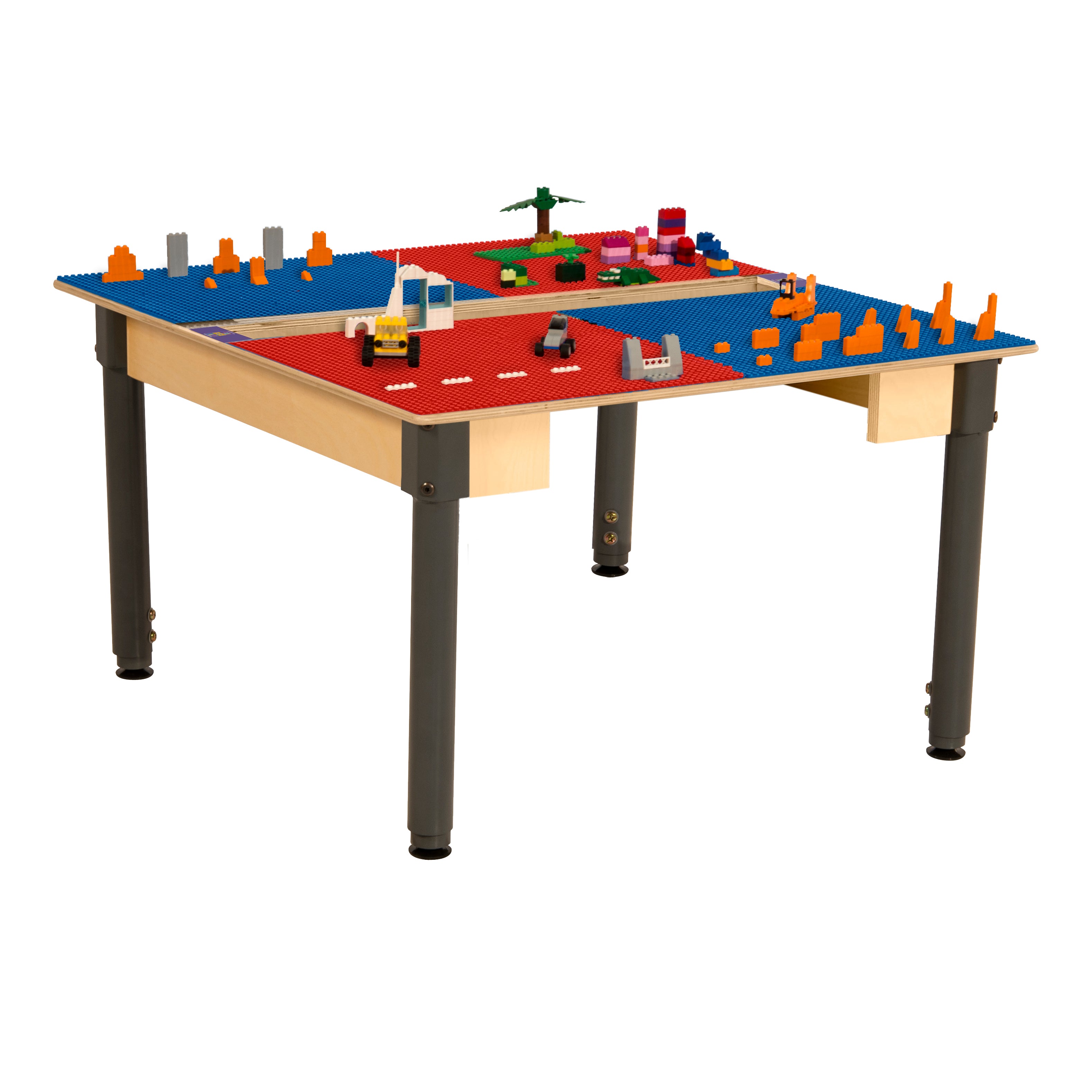 Square Time-2-Play Table with a trough, along with adjustable 18"-29" legs and a LEGO® Compatible Grid of RED/BLUE Color
