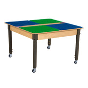 Square Time-2-Play Table with a trough, along with adjustable 18"-29" legs with locking casters and a DUPLO® Compatible Grid of BLUE/GREEN Color