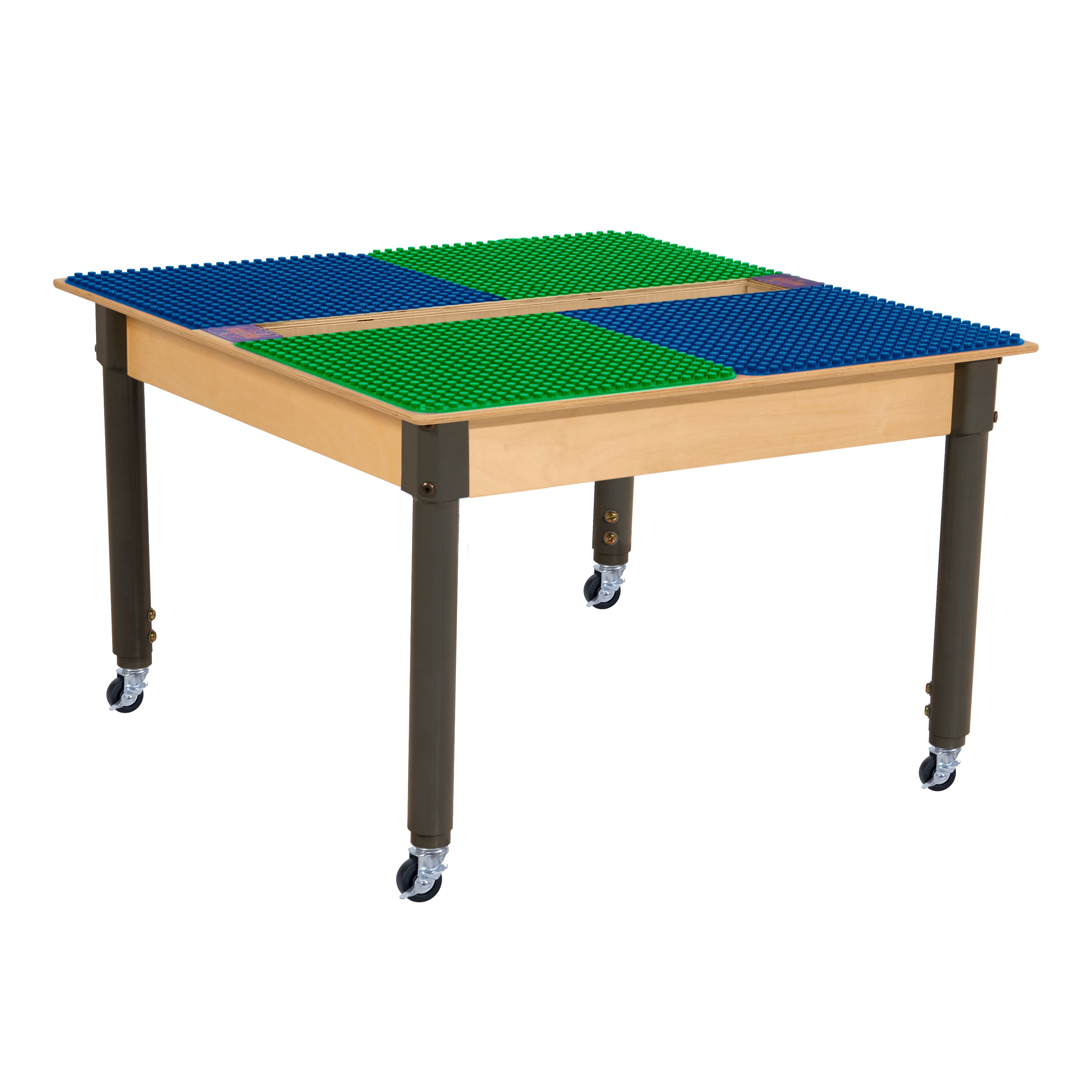 Square Time-2-Play Table with a trough, along with adjustable 18"-29" legs with locking casters and a DUPLO® Compatible Grid of BLUE/GREEN Color