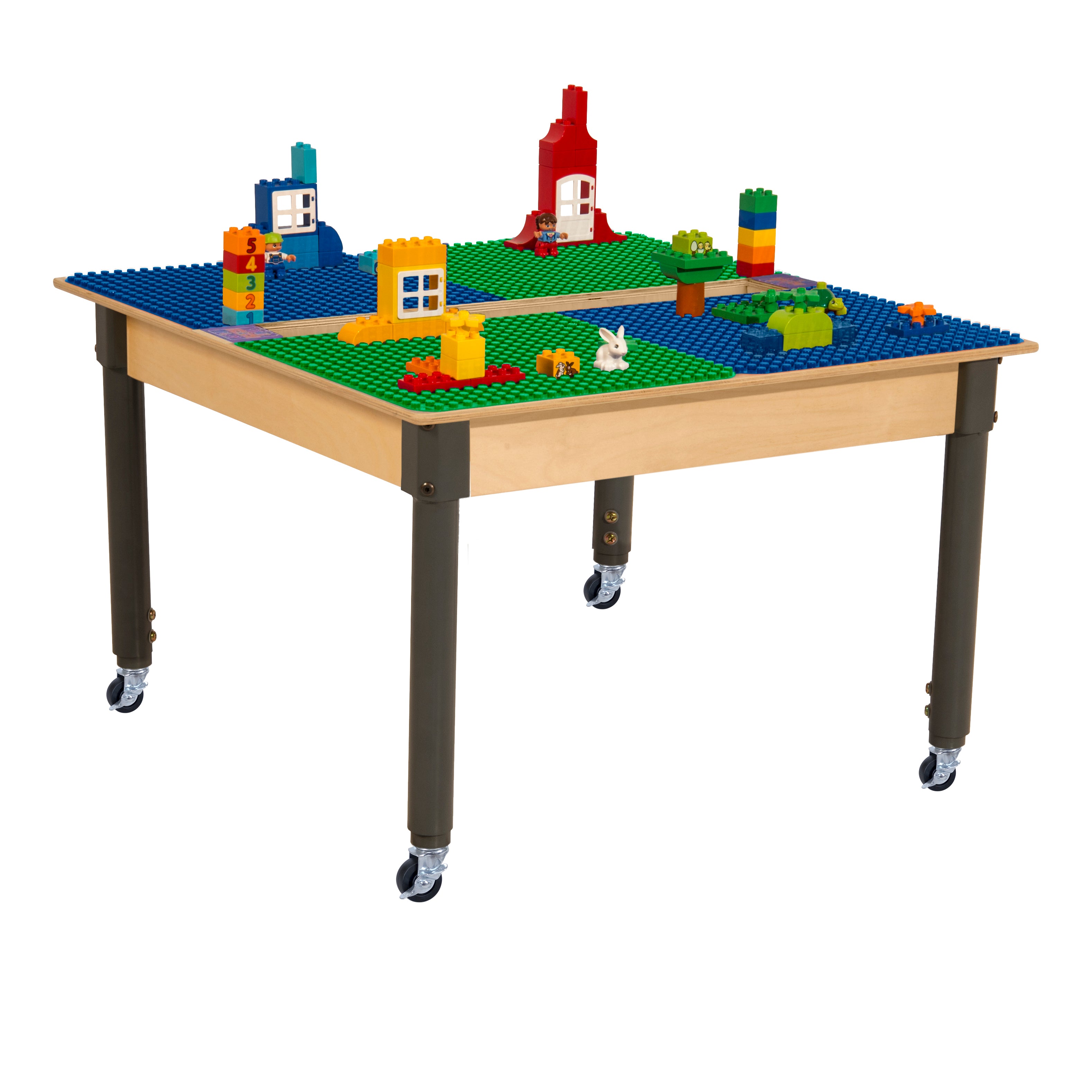 Square Time-2-Play Table with a trough, along with adjustable 18"-29" legs with locking casters and a DUPLO® Compatible Grid of BLUE/GREEN Color