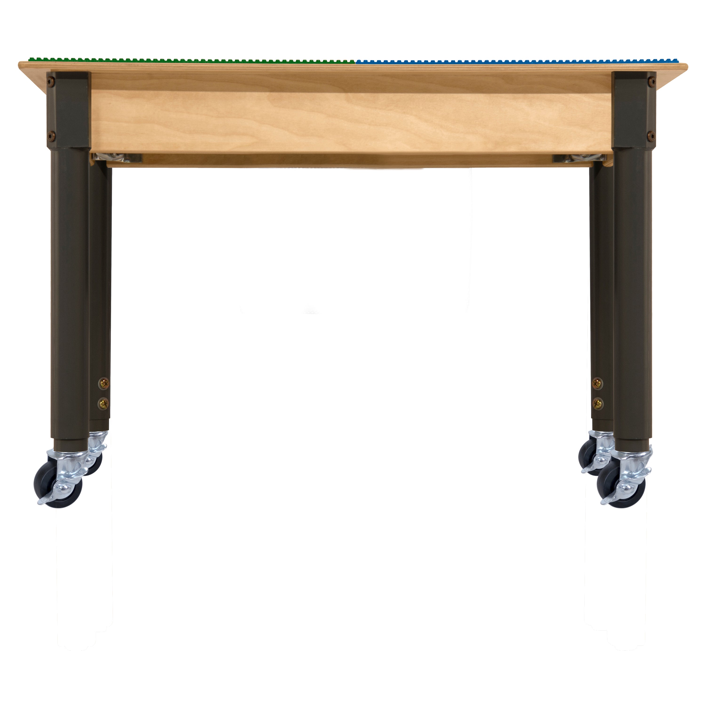 Square Time-2-Play Table with a trough, along with adjustable 18"-29" legs with locking casters and a DUPLO® Compatible Grid of BLUE/GREEN Color