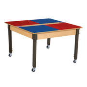 Square Time-2-Play Table with a trough, along with adjustable 18"-29" legs with locking casters and a DUPLO® Compatible Grid of RED/BLUE Color