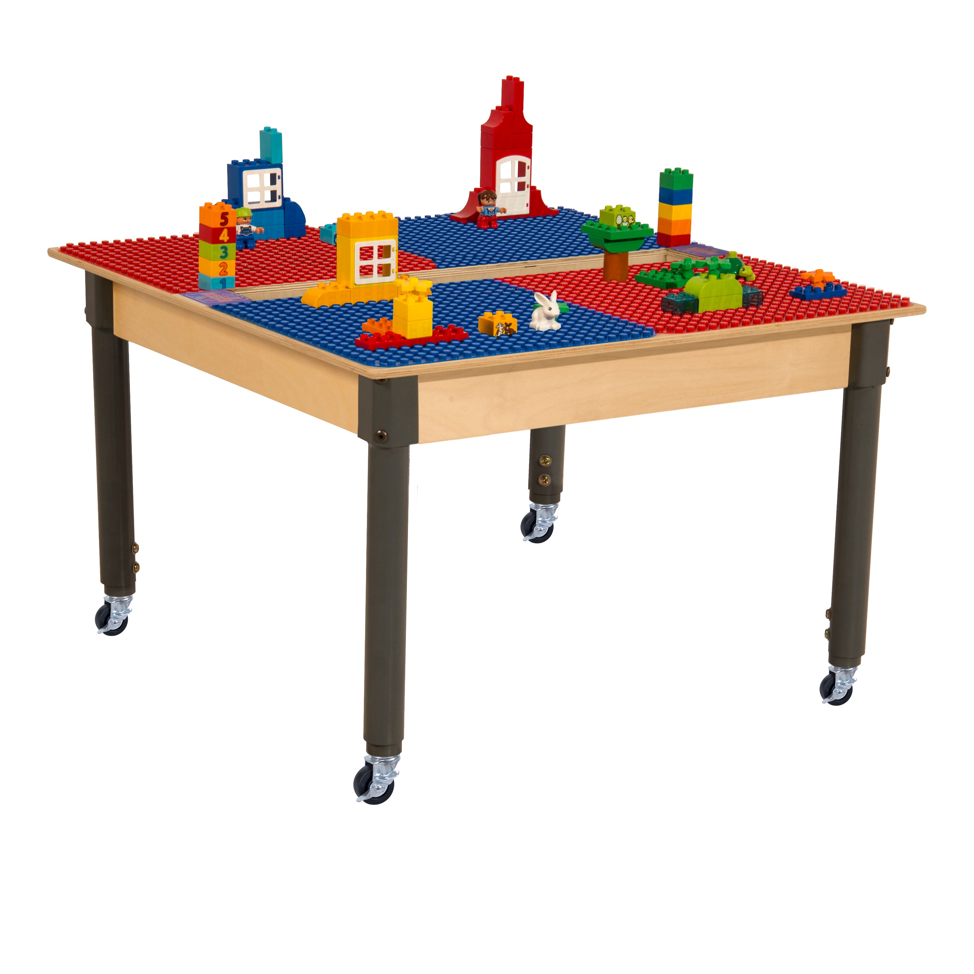 Square Time-2-Play Table with a trough, along with adjustable 18"-29" legs with locking casters and a DUPLO® Compatible Grid of RED/BLUE Color