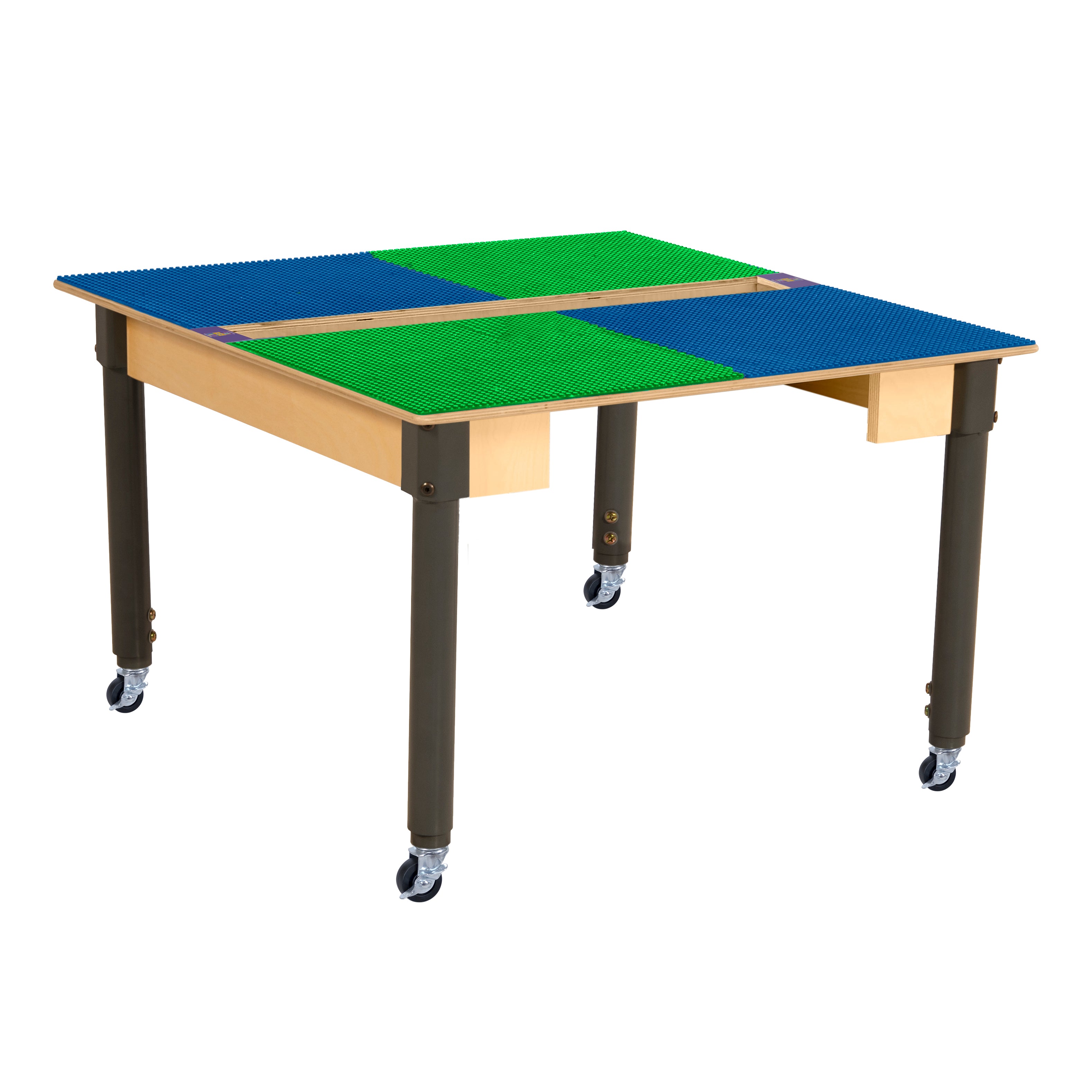 Square Time-2-Play Table with a trough, along with adjustable 18"-29" legs with locking casters and a LEGO® Compatible Grid of BLUE/GREEN Color