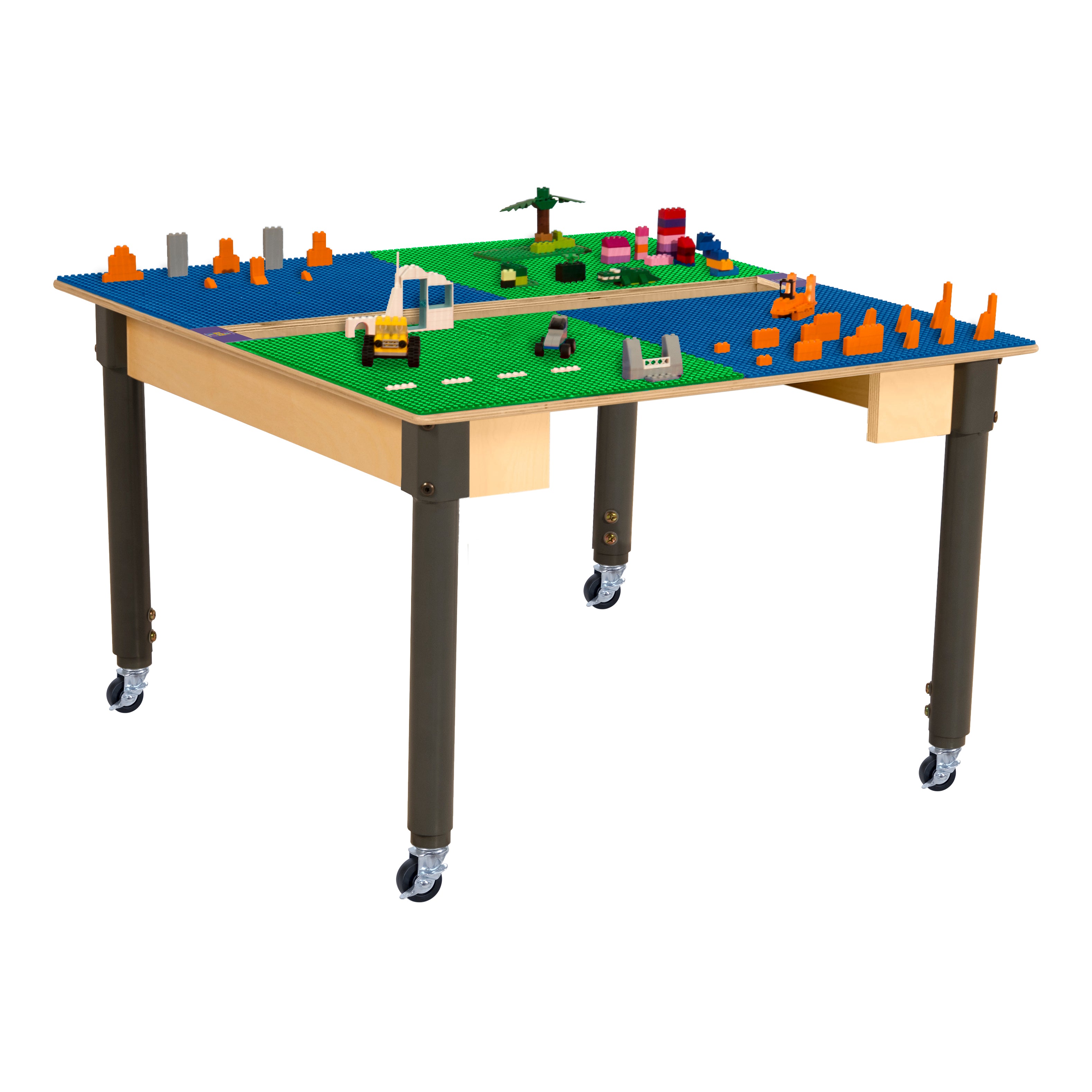 Square Time-2-Play Table with a trough, along with adjustable 18"-29" legs with locking casters and a LEGO® Compatible Grid of BLUE/GREEN Color