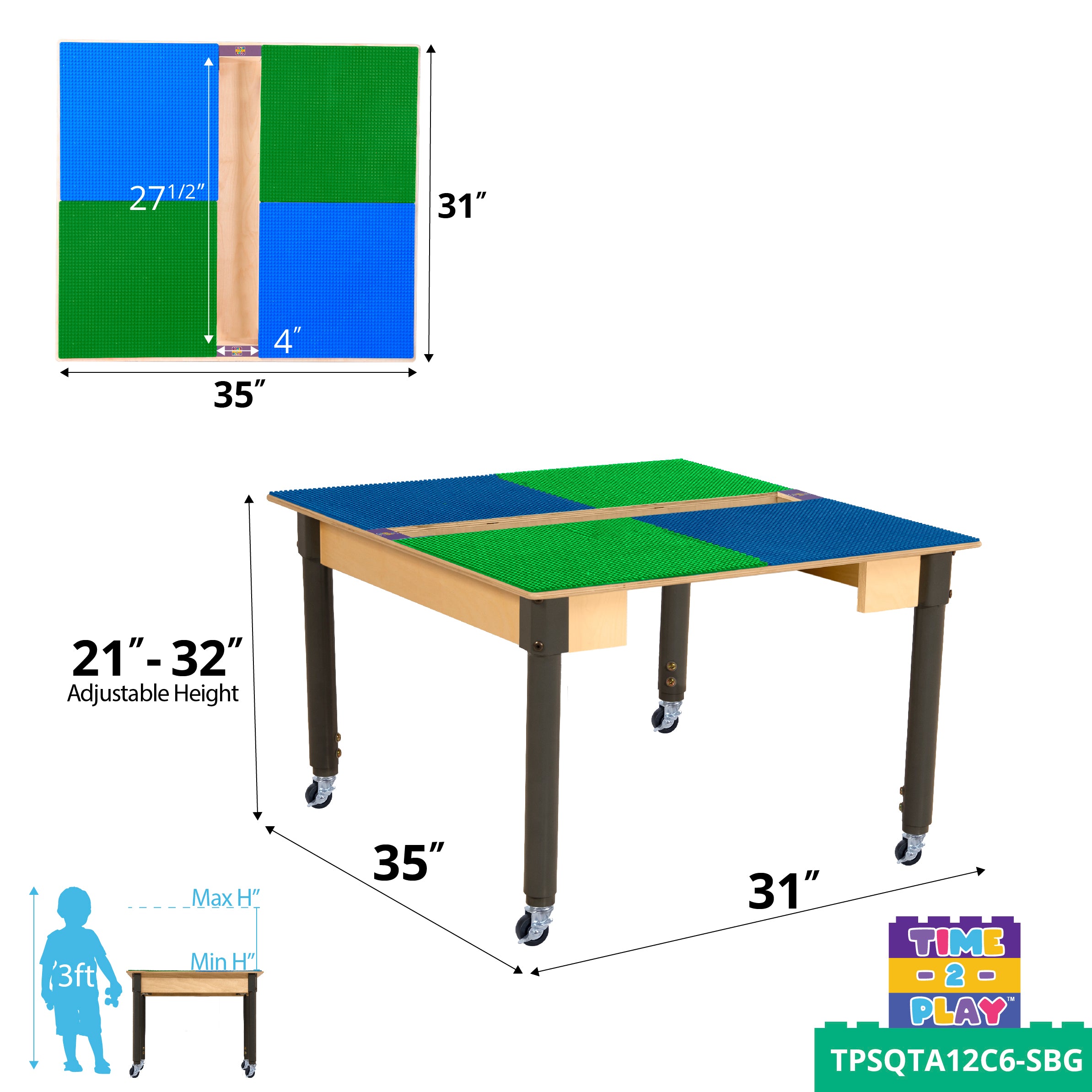 Square Time-2-Play Table with a trough, along with adjustable 18"-29" legs with locking casters and a LEGO® Compatible Grid of BLUE/GREEN Color