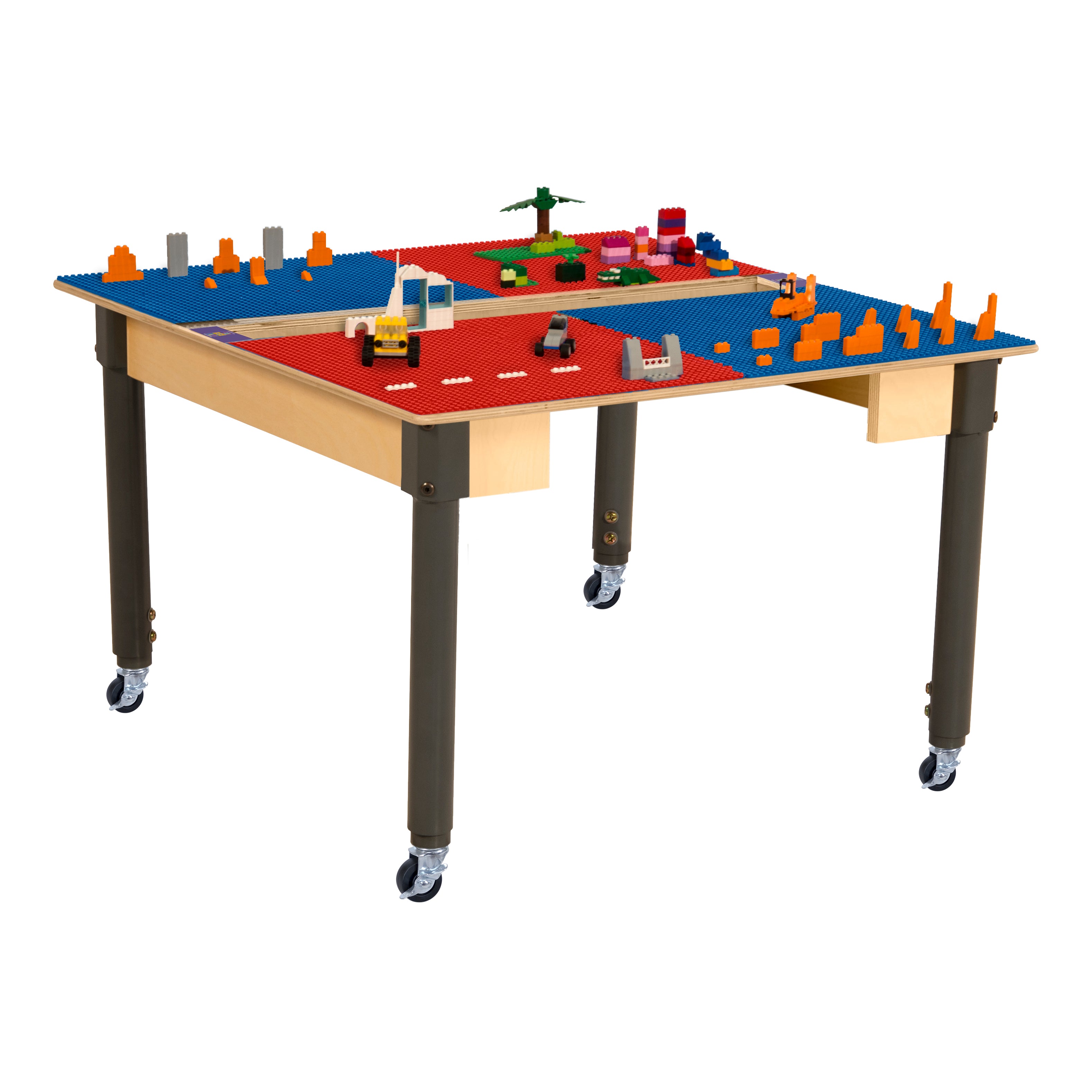 Square Time-2-Play Table with a trough, along with adjustable 18"-29" legs with locking casters and a LEGO® Compatible Grid of RED/BLUE Color