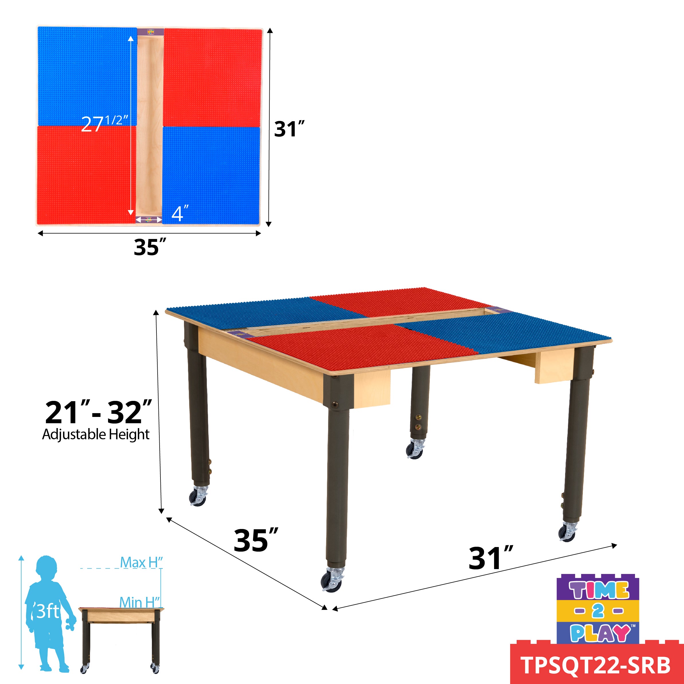 Square Time-2-Play Table with a trough, along with adjustable 18"-29" legs with locking casters and a LEGO® Compatible Grid of RED/BLUE Color
