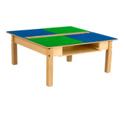 Square Time-2-Play Table with a trough and shelf, along with 14" legs and a LEGO® Compatible Grid of BLUE/GREEN Color