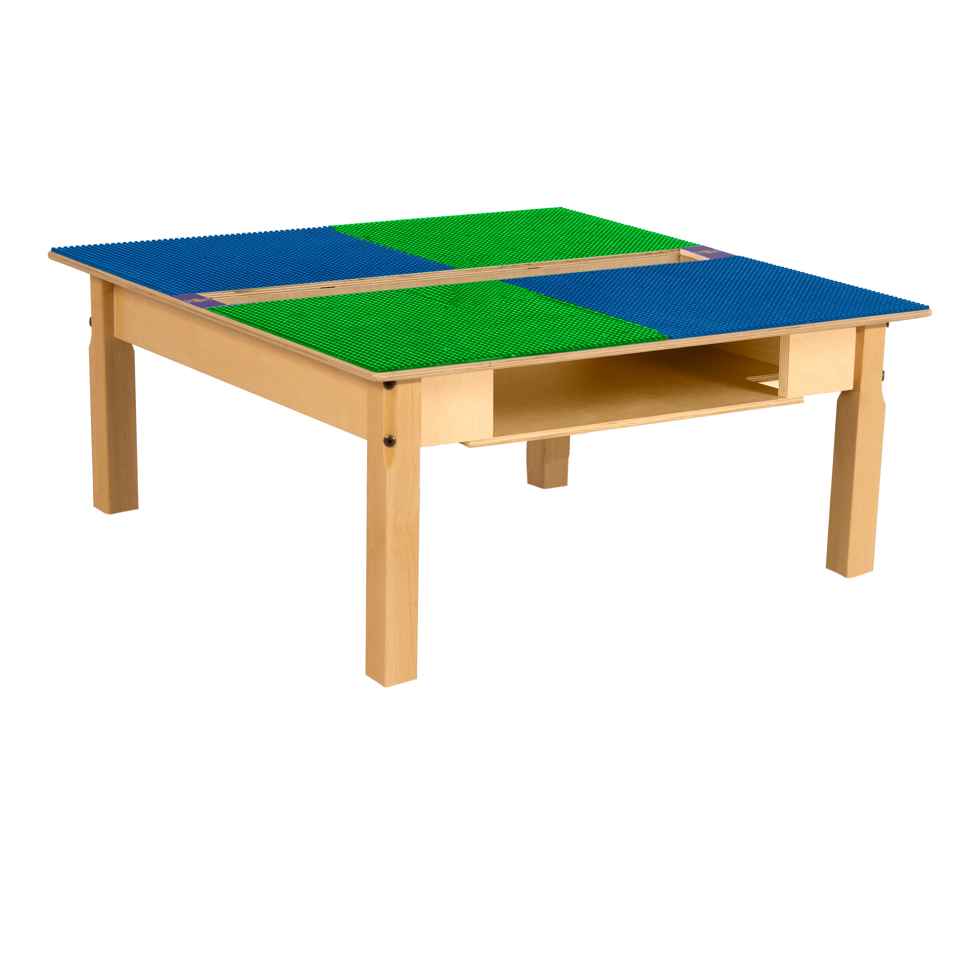 Square Time-2-Play Table with a trough and shelf, along with 14" legs and a LEGO® Compatible Grid of BLUE/GREEN Color
