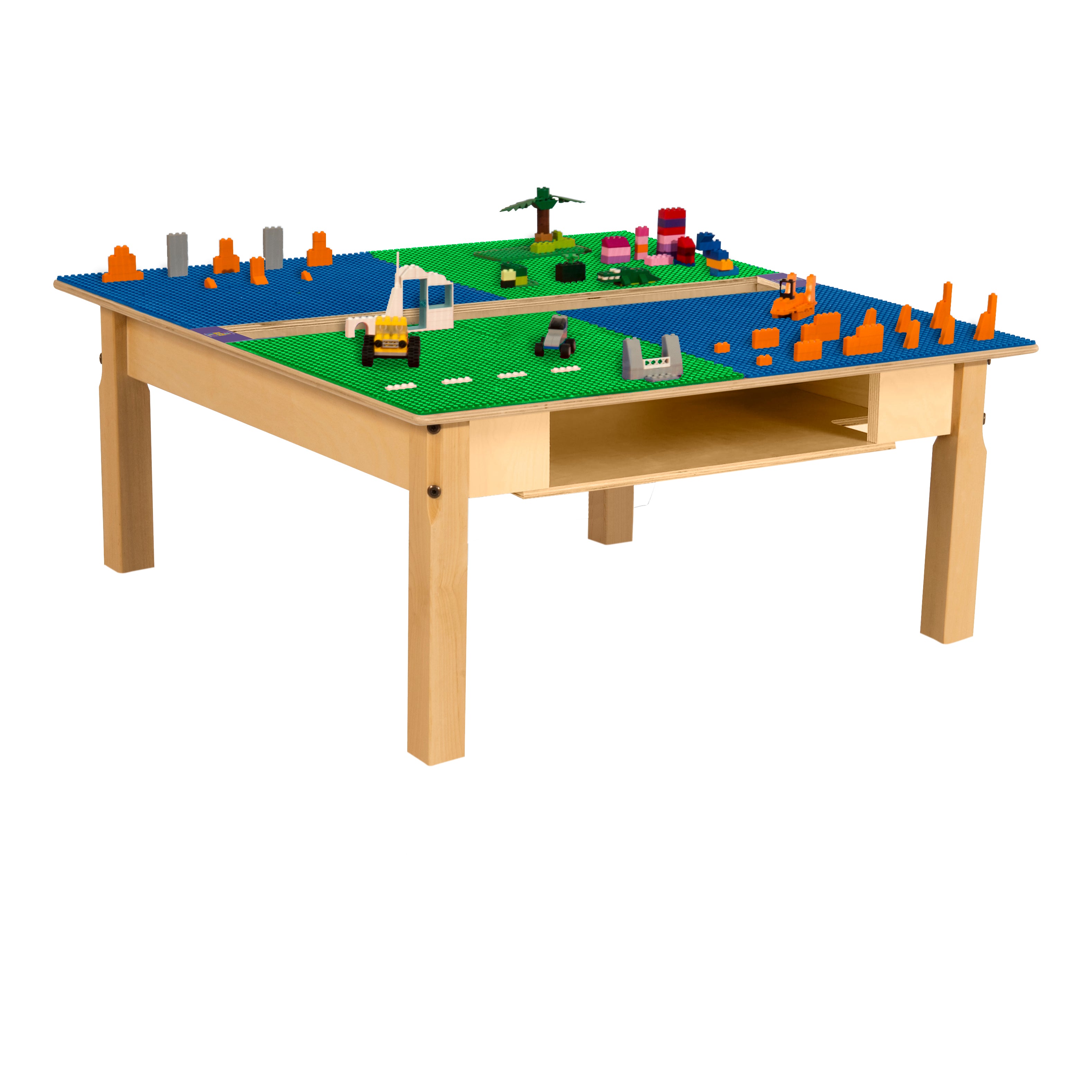 Square Time-2-Play Table with a trough and shelf, along with 14" legs and a LEGO® Compatible Grid of BLUE/GREEN Color