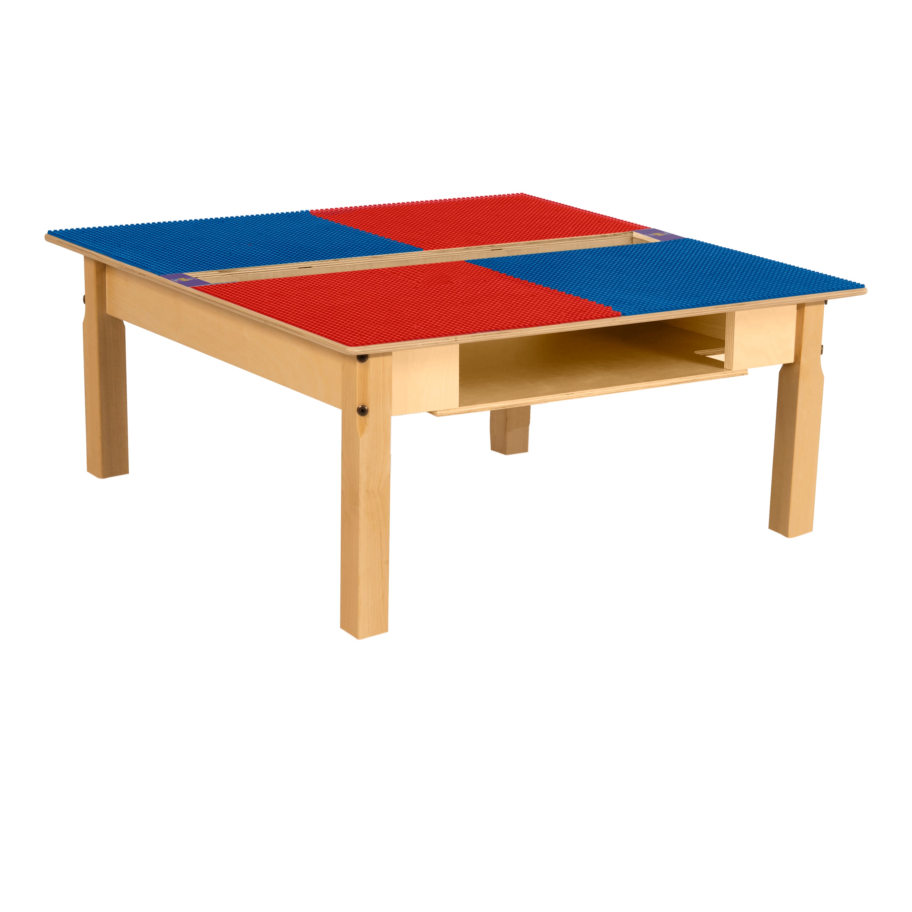 Square Time-2-Play Table with a trough and shelf, along with 14" legs and a LEGO® Compatible Grid of RED/BLUE Color