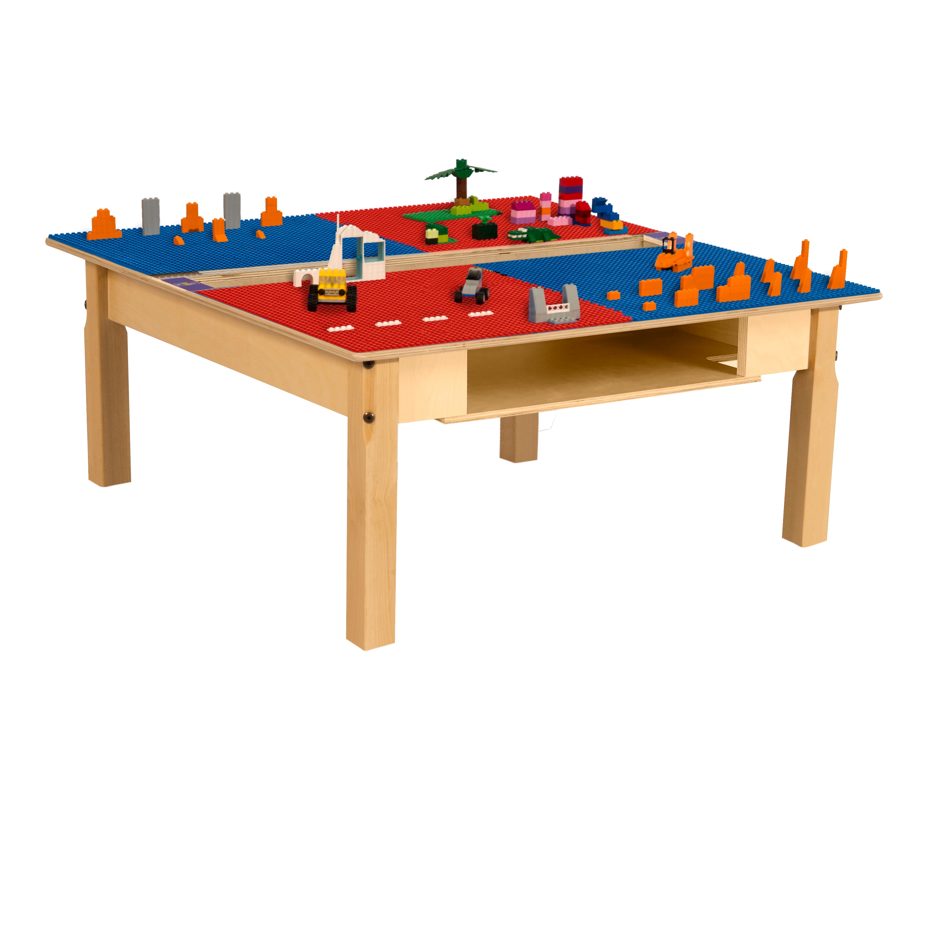 Square Time-2-Play Table with a trough and shelf, along with 14" legs and a LEGO® Compatible Grid of RED/BLUE Color