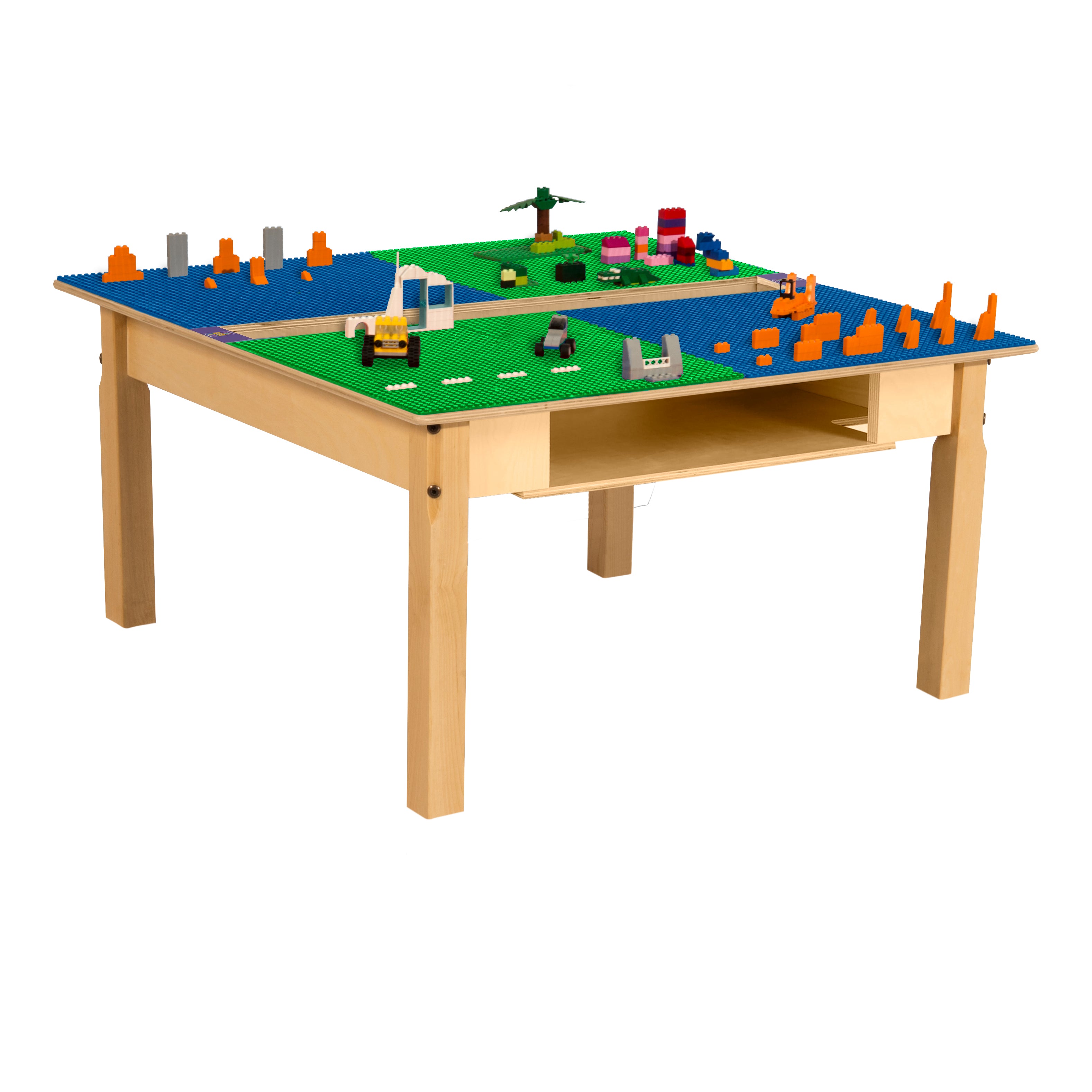 Square Time-2-Play Table with a trough and shelf, along with 16" legs and a LEGO® Compatible Grid of BLUE/GREEN Color