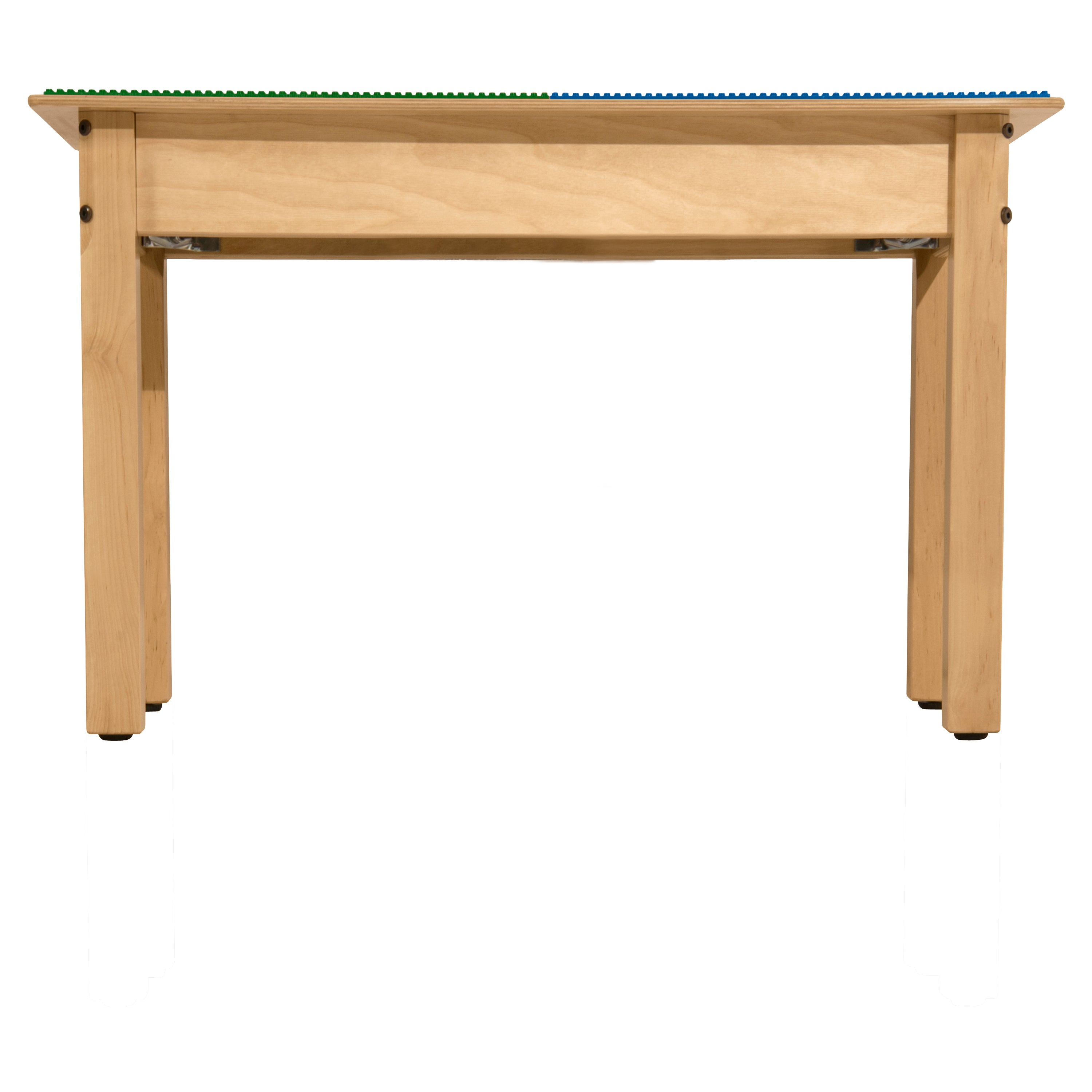 Square Time-2-Play Table with a trough and shelf, along with 16" legs and a LEGO® Compatible Grid of BLUE/GREEN Color