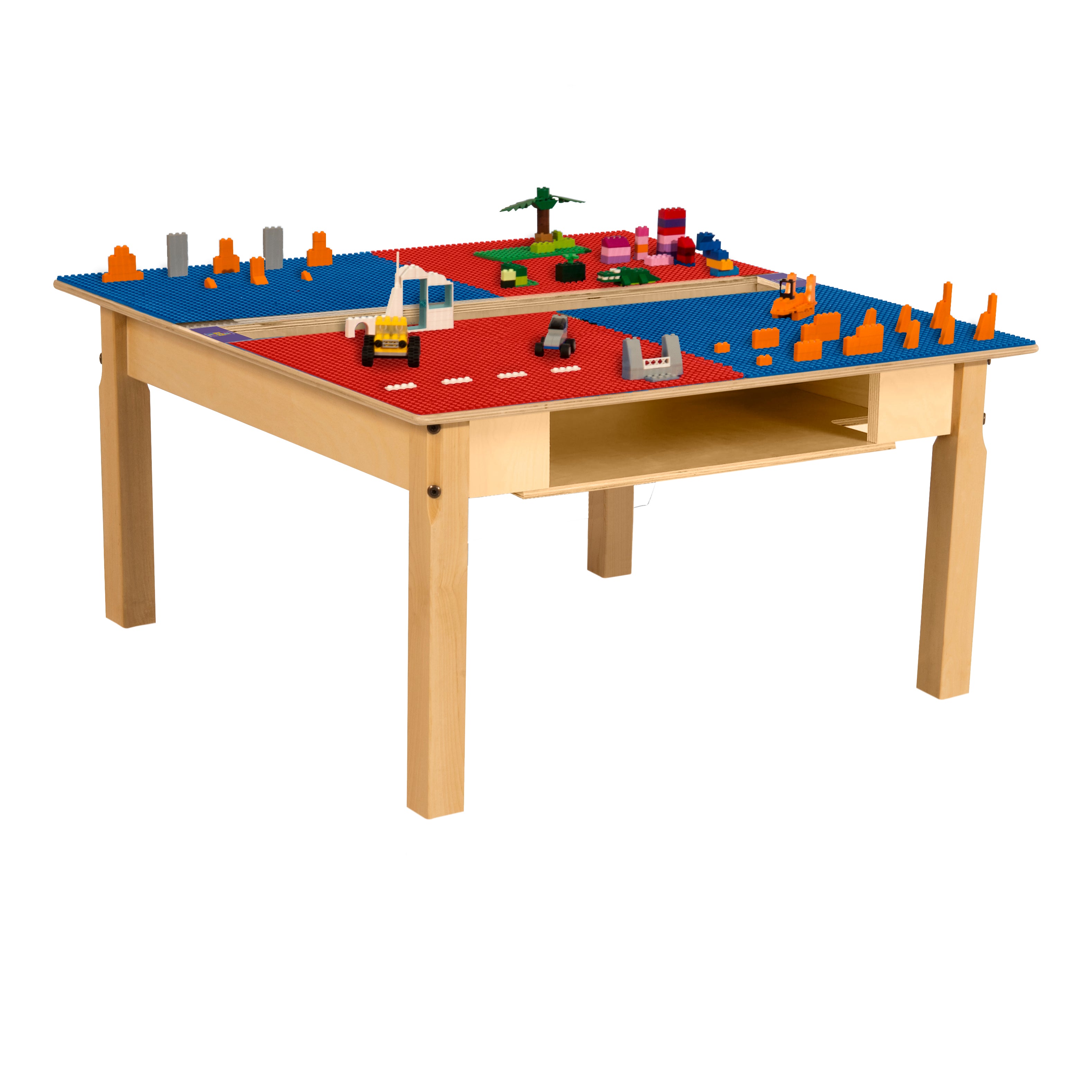 Square Time-2-Play Table with a trough and shelf, along with 16" legs and a LEGO® Compatible Grid of RED/BLUE Color