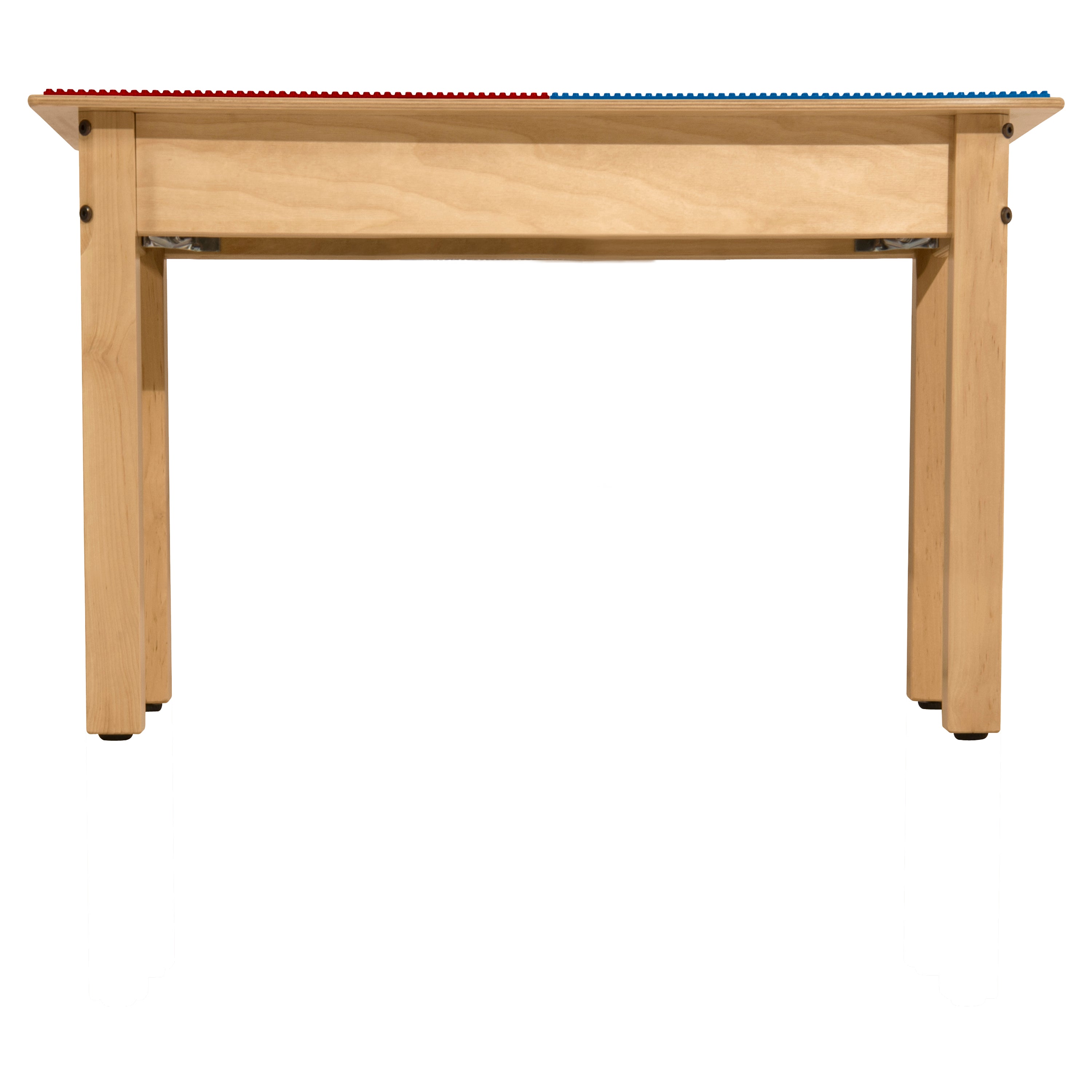 Square Time-2-Play Table with a trough and shelf, along with 16" legs and a LEGO® Compatible Grid of RED/BLUE Color