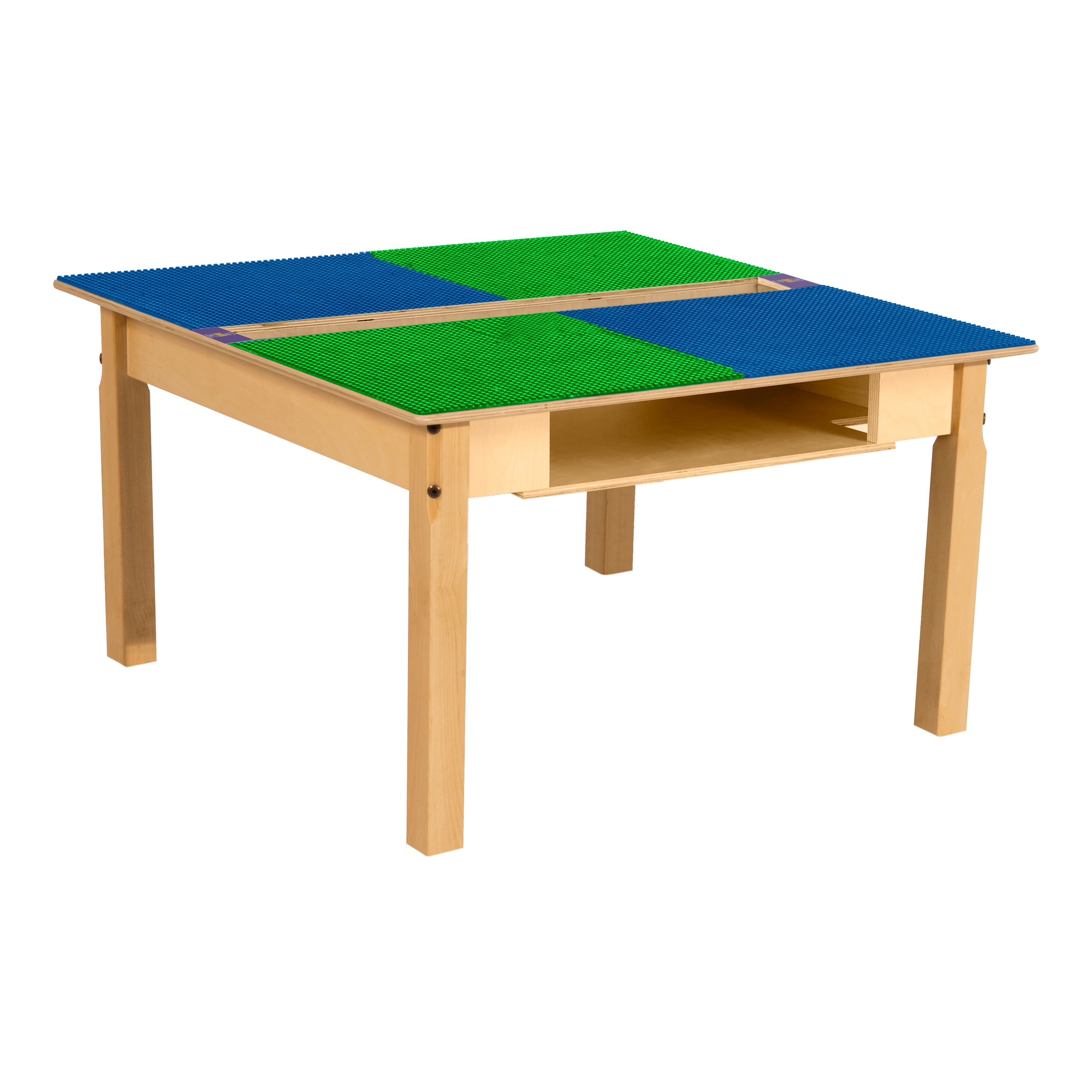 Square Time-2-Play Table with a trough and shelf, along with 18" legs and a LEGO® Compatible Grid of BLUE/GREEN Color