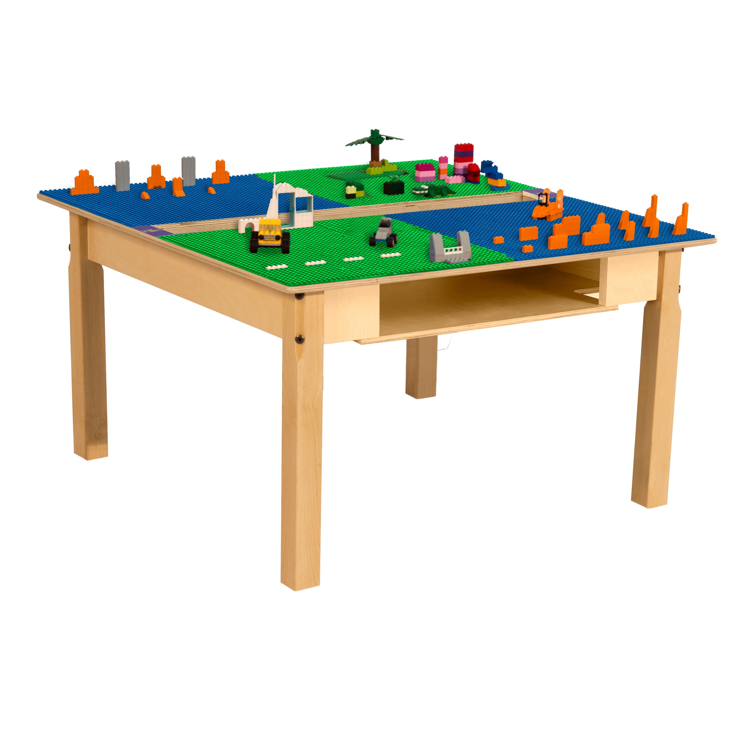 Square Time-2-Play Table with a trough and shelf, along with 18" legs and a LEGO® Compatible Grid of BLUE/GREEN Color