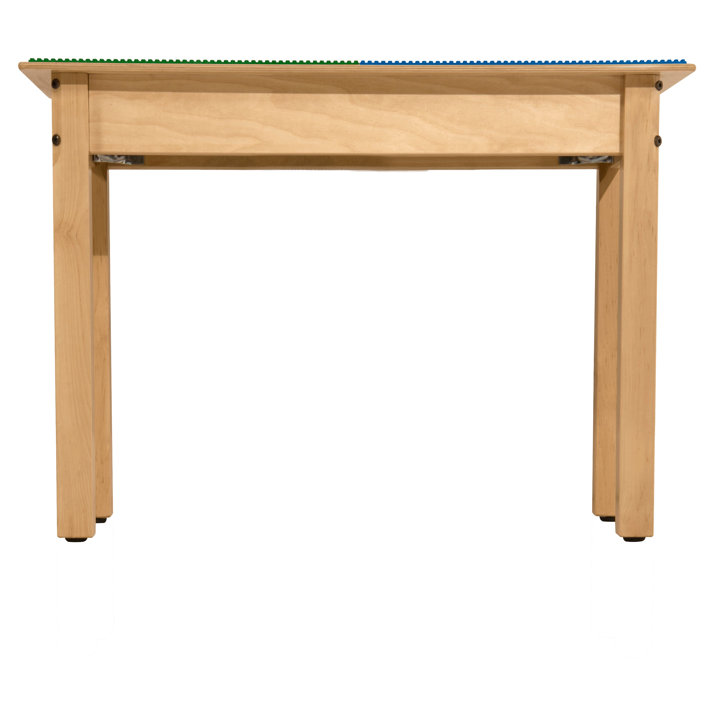 Square Time-2-Play Table with a trough and shelf, along with 18" legs and a LEGO® Compatible Grid of BLUE/GREEN Color
