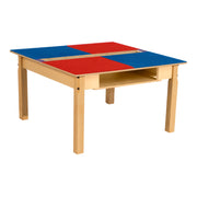 Square Time-2-Play Table with a trough and shelf, along with 18" legs and a LEGO® Compatible Grid of RED/BLUE Color