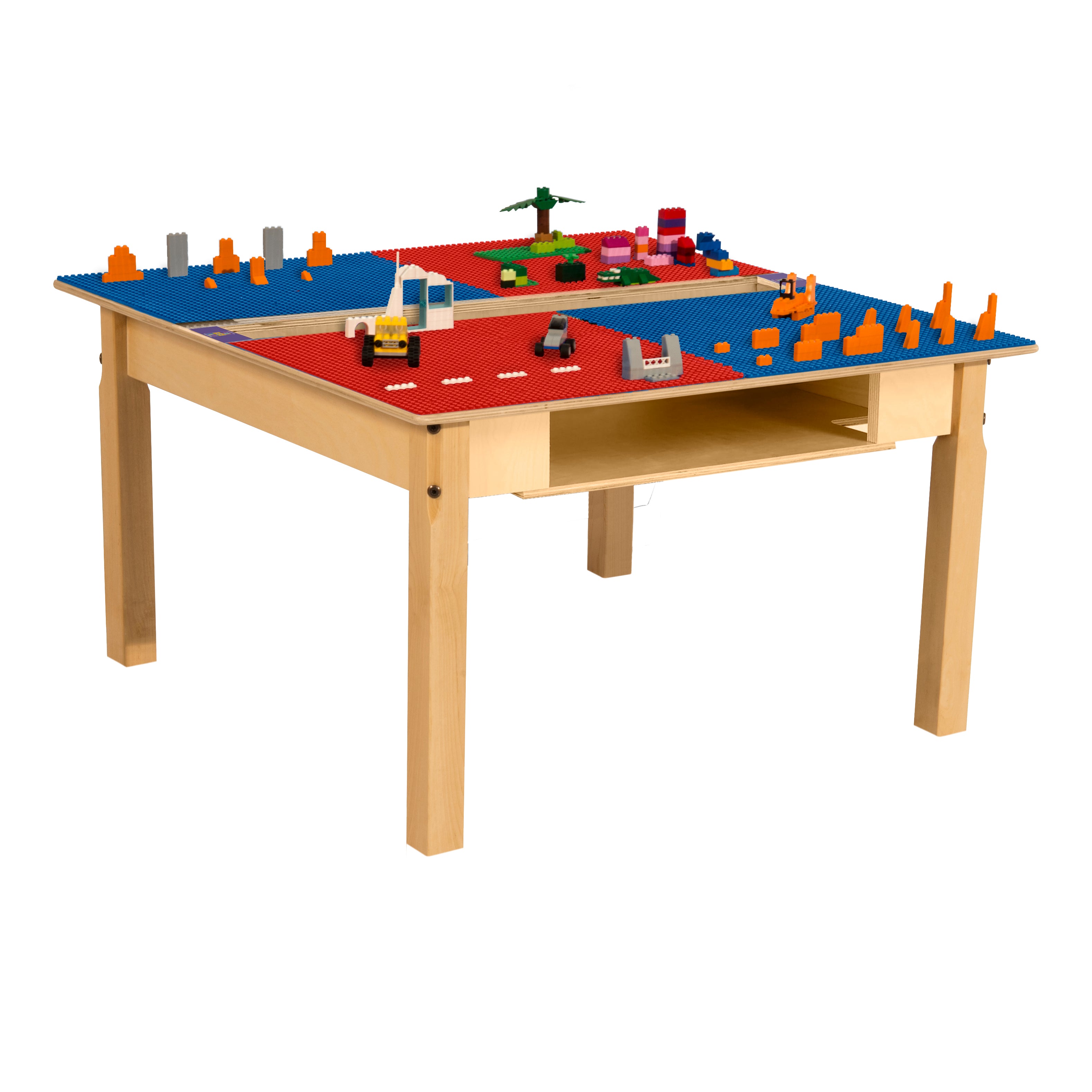 Square Time-2-Play Table with a trough and shelf, along with 18" legs and a LEGO® Compatible Grid of RED/BLUE Color