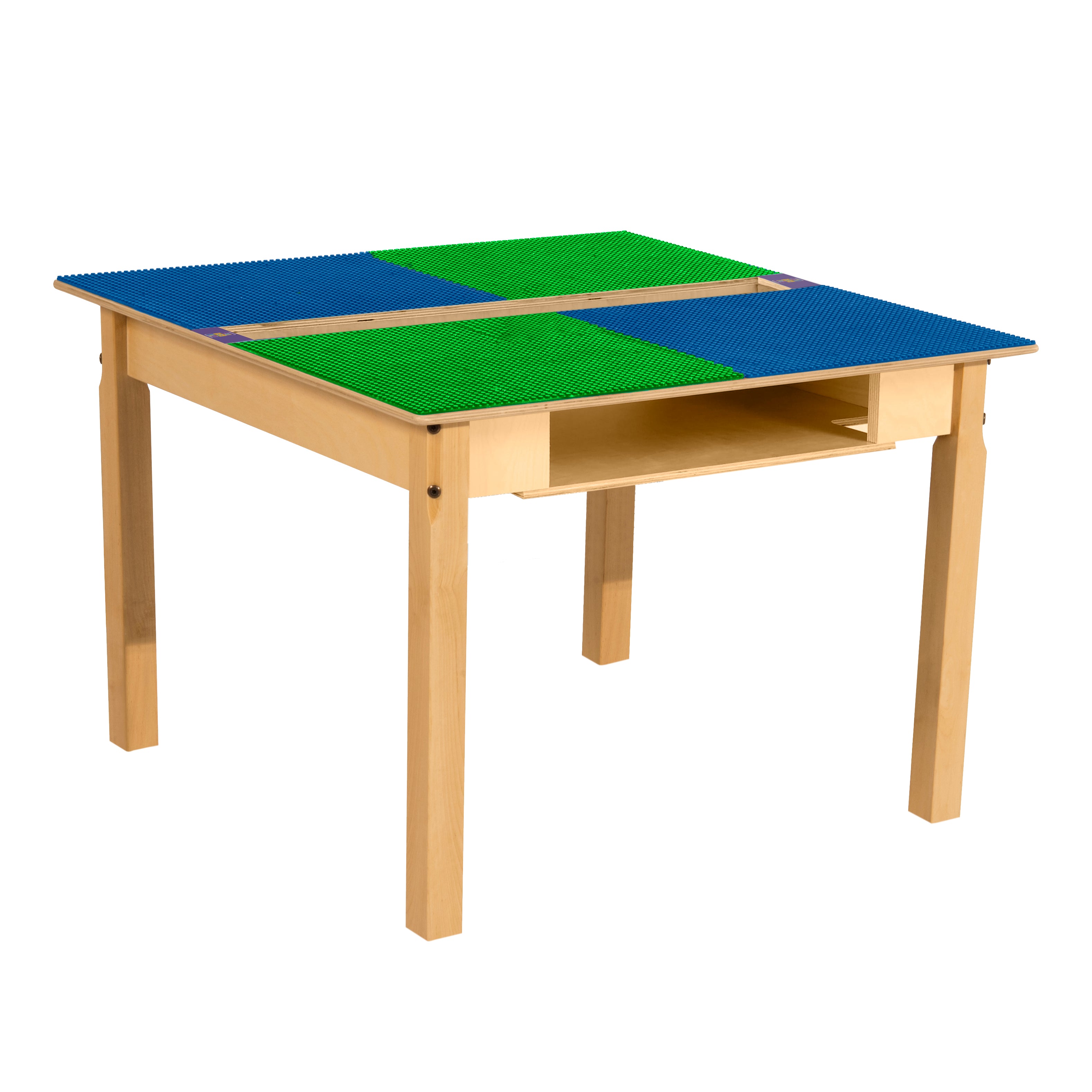 Square Time-2-Play Table with a trough and shelf, along with 22" legs and a LEGO® Compatible Grid of BLUE/GREEN Color