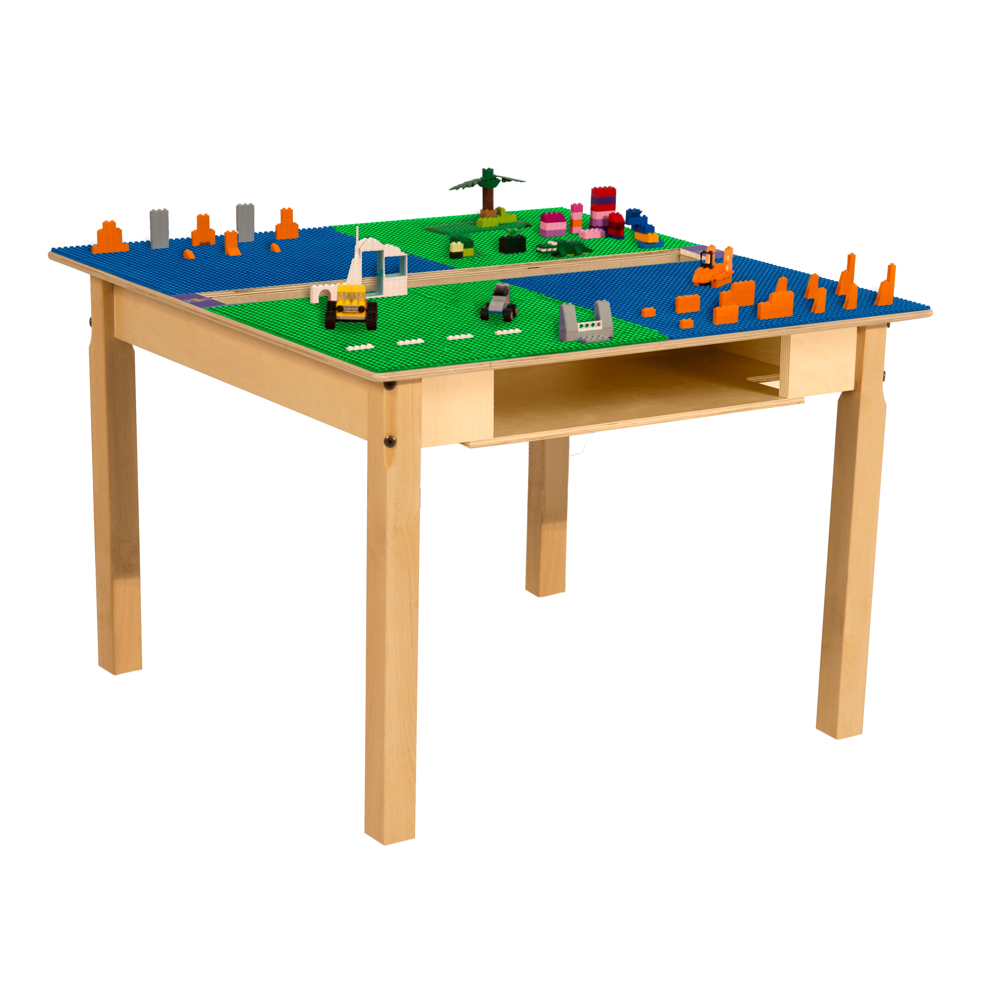 Square Time-2-Play Table with a trough and shelf, along with 22" legs and a LEGO® Compatible Grid of BLUE/GREEN Color