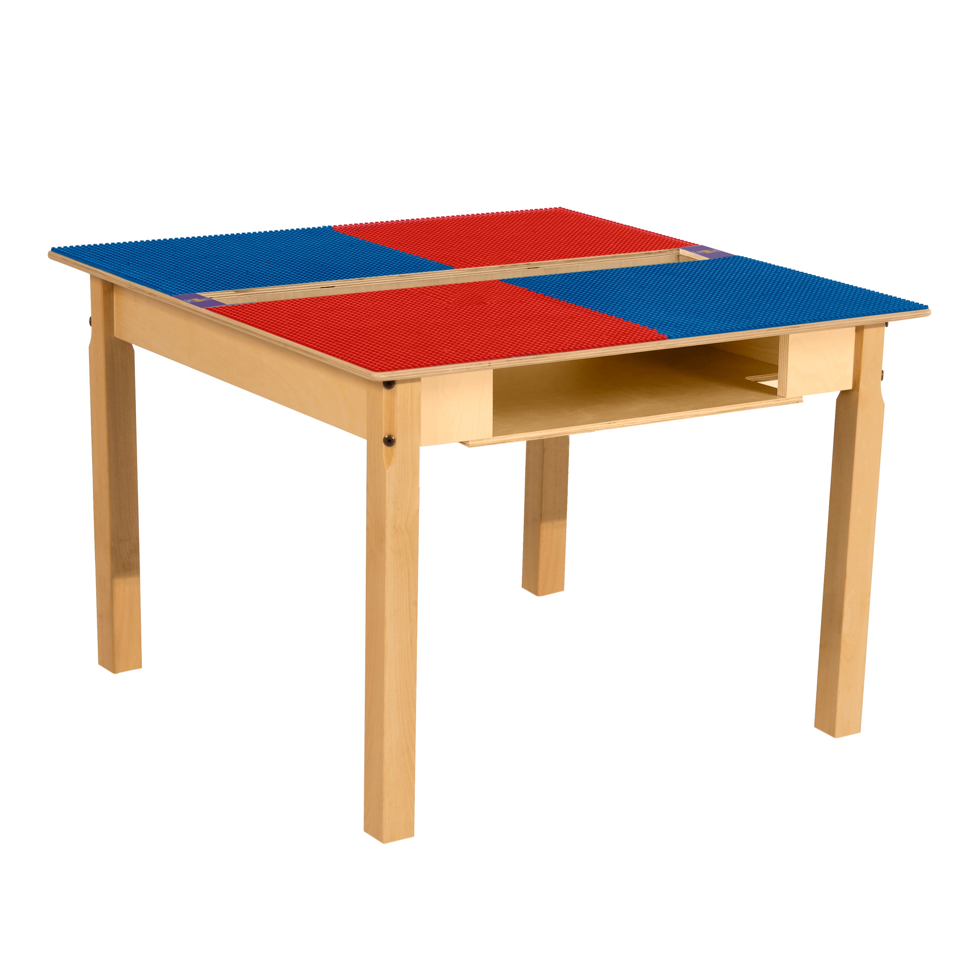 Square Time-2-Play Table with a trough and shelf, along with 22" legs and a LEGO® Compatible Grid of RED/BLUE Color
