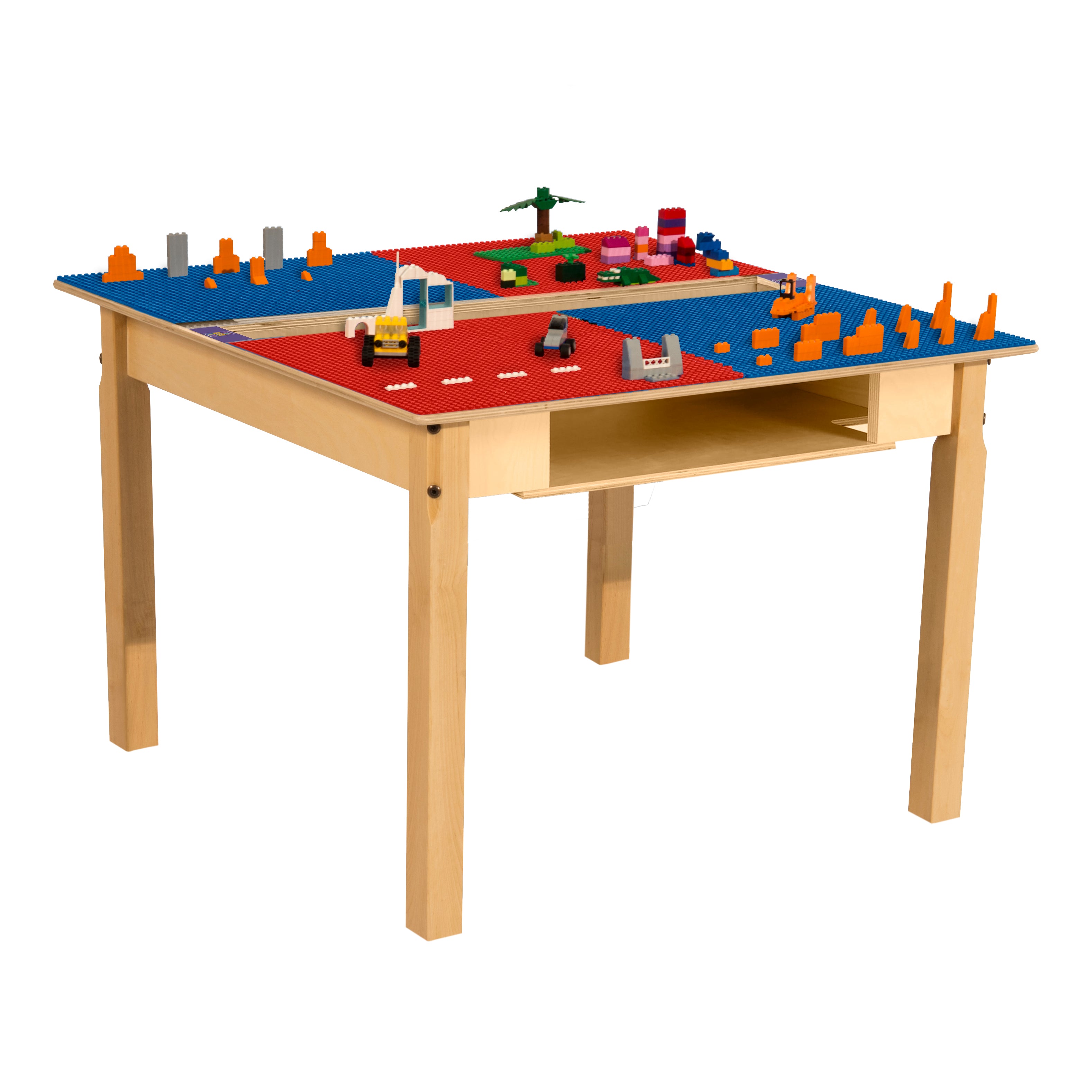 Square Time-2-Play Table with a trough and shelf, along with 22" legs and a LEGO® Compatible Grid of RED/BLUE Color