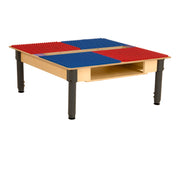 Square Time-2-Play Table with a trough and shelf, along with adjustable 12"-17" legs and a DUPLO® Compatible Grid of RED/BLUE Color