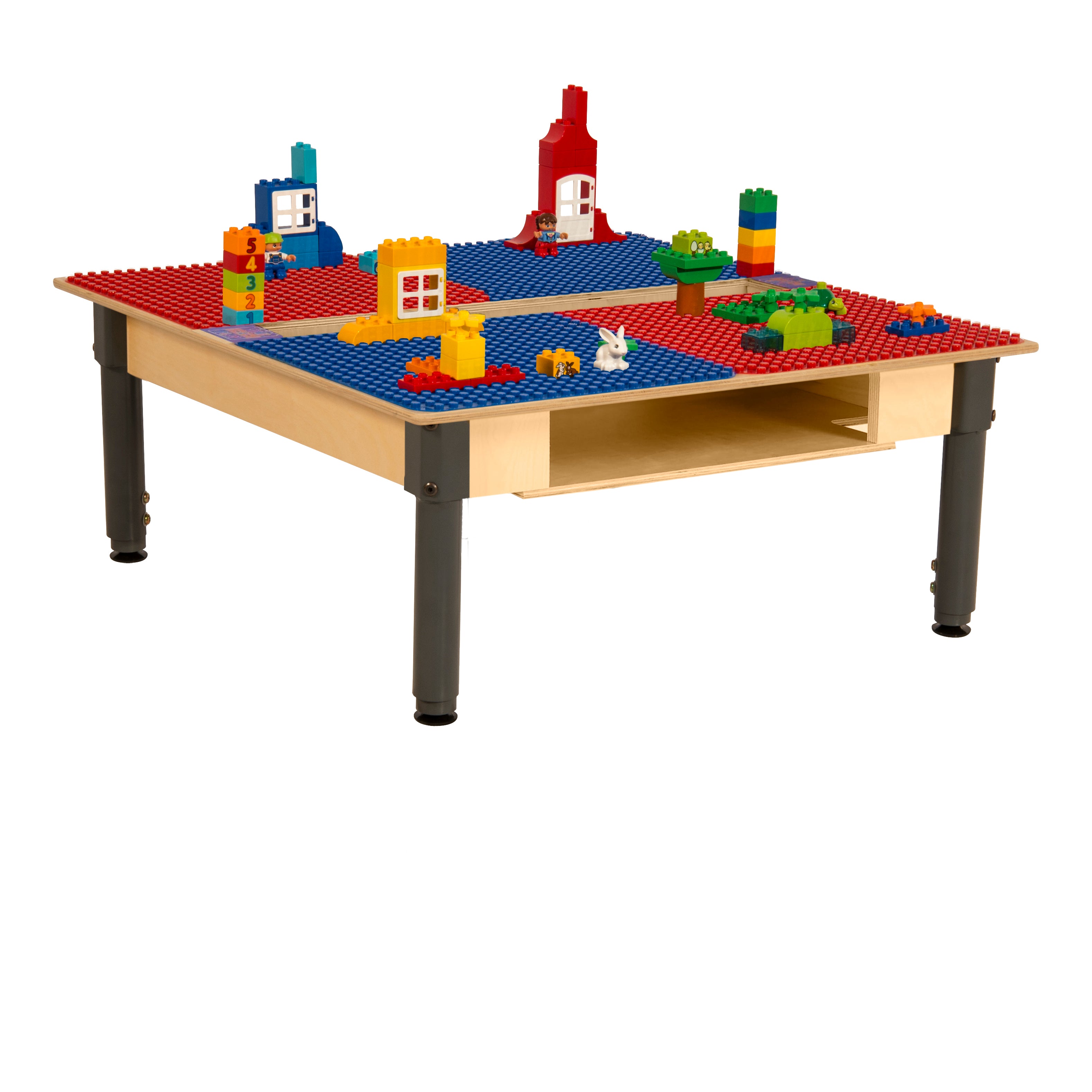 Square Time-2-Play Table with a trough and shelf, along with adjustable 12"-17" legs and a DUPLO® Compatible Grid of RED/BLUE Color