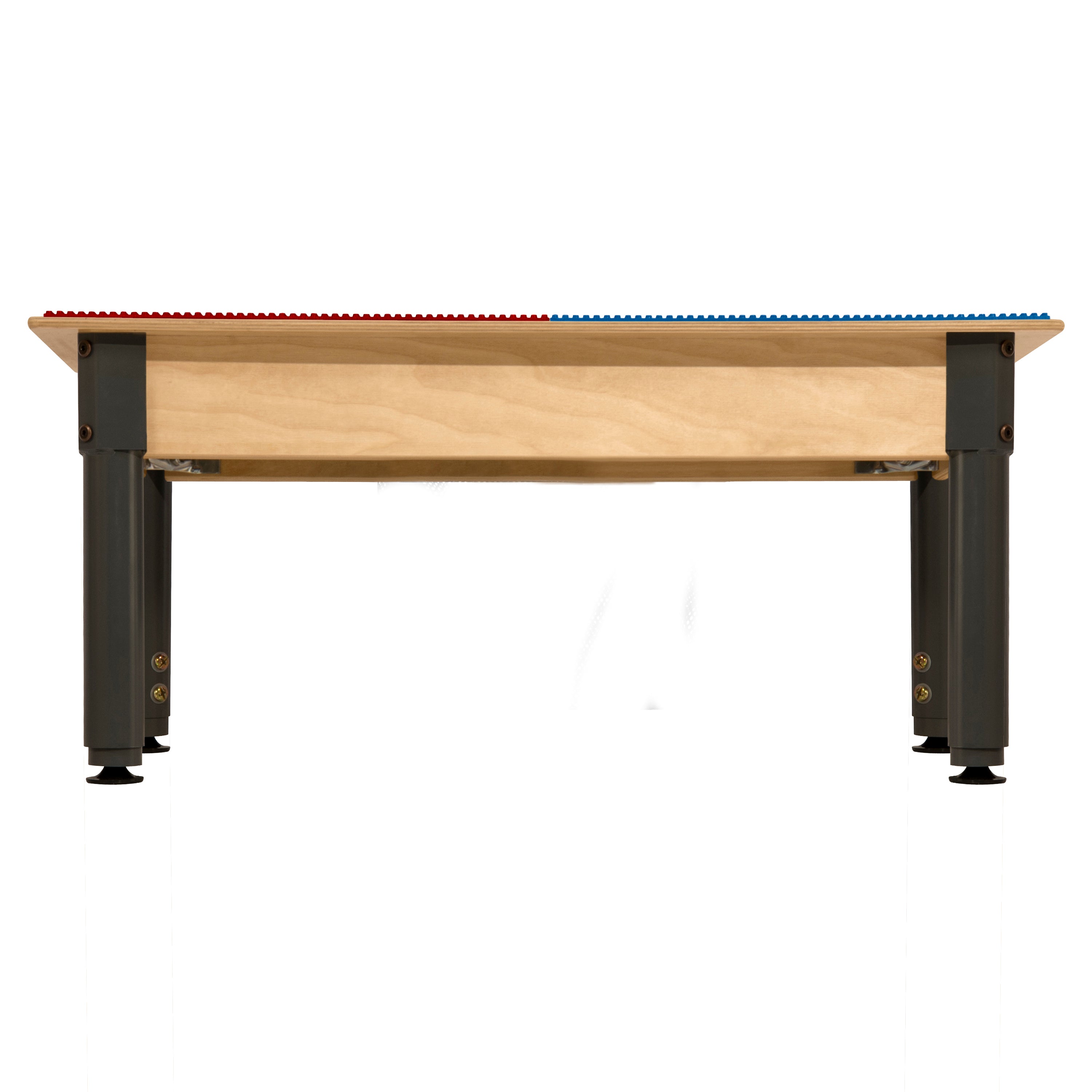 Square Time-2-Play Table with a trough and shelf, along with adjustable 12"-17" legs and a DUPLO® Compatible Grid of RED/BLUE Color