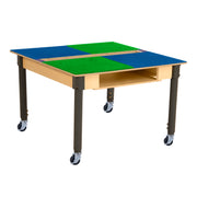 Square Time-2-Play Table with a trough and shelf, along with adjustable 18"-29" legs with locking casters and a LEGO® Compatible Grid of BLUE/GREEN Color