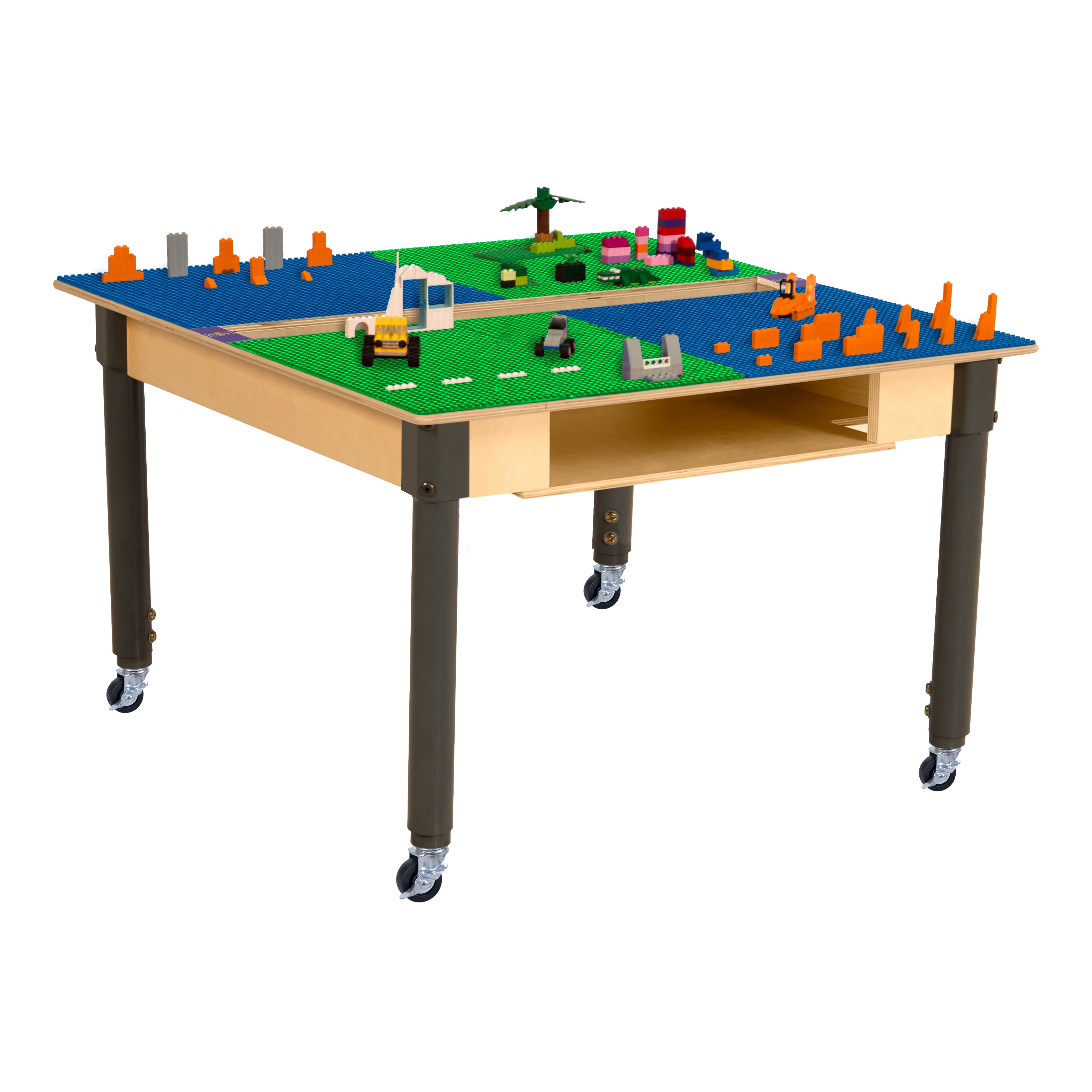 Square Time-2-Play Table with a trough and shelf, along with adjustable 18"-29" legs with locking casters and a LEGO® Compatible Grid of BLUE/GREEN Color