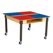 Square Time-2-Play Table with a trough and shelf, along with adjustable 18"-29" legs with locking casters and a LEGO® Compatible Grid of RED/BLUE Color