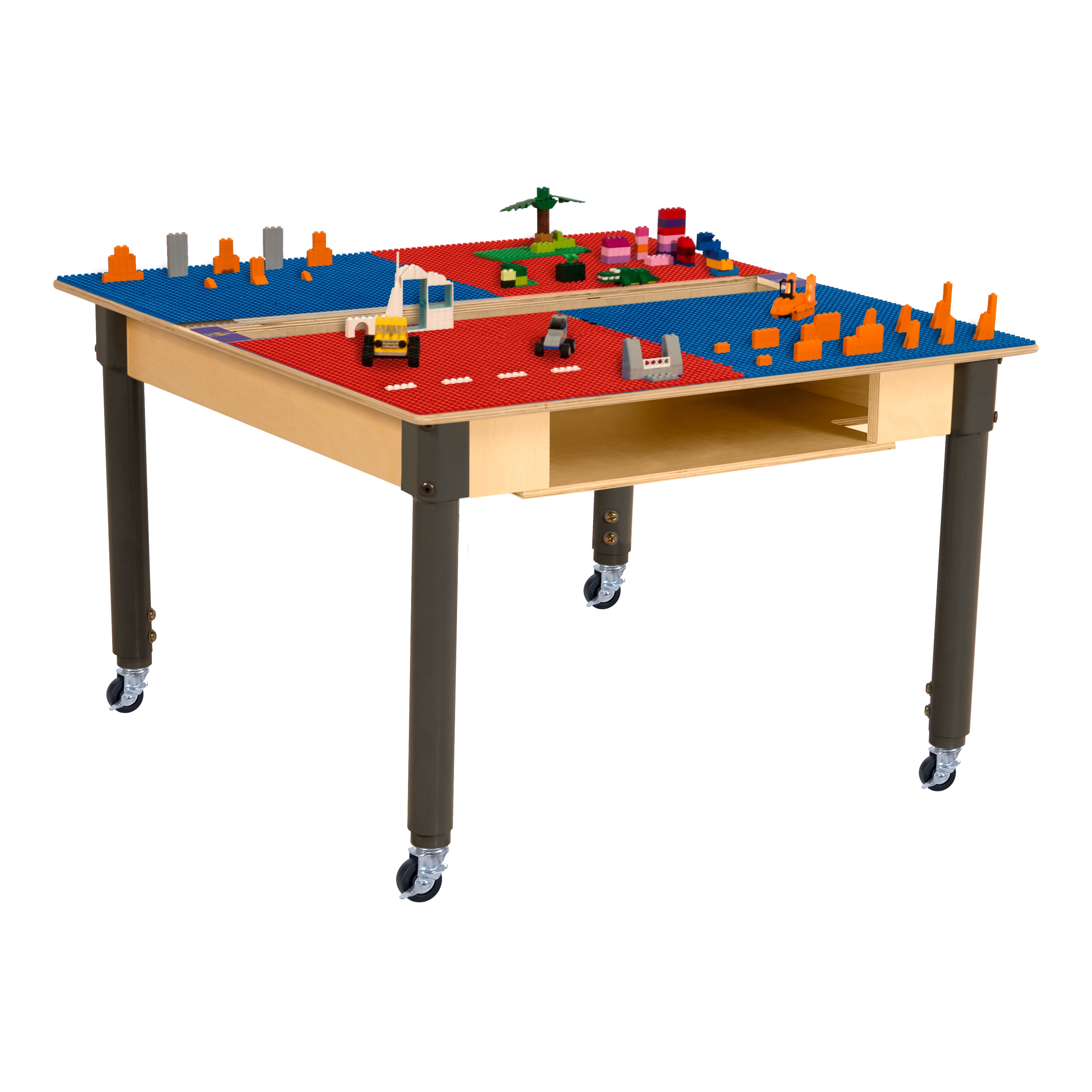 Square Time-2-Play Table with a trough and shelf, along with adjustable 18"-29" legs with locking casters and a LEGO® Compatible Grid of RED/BLUE Color