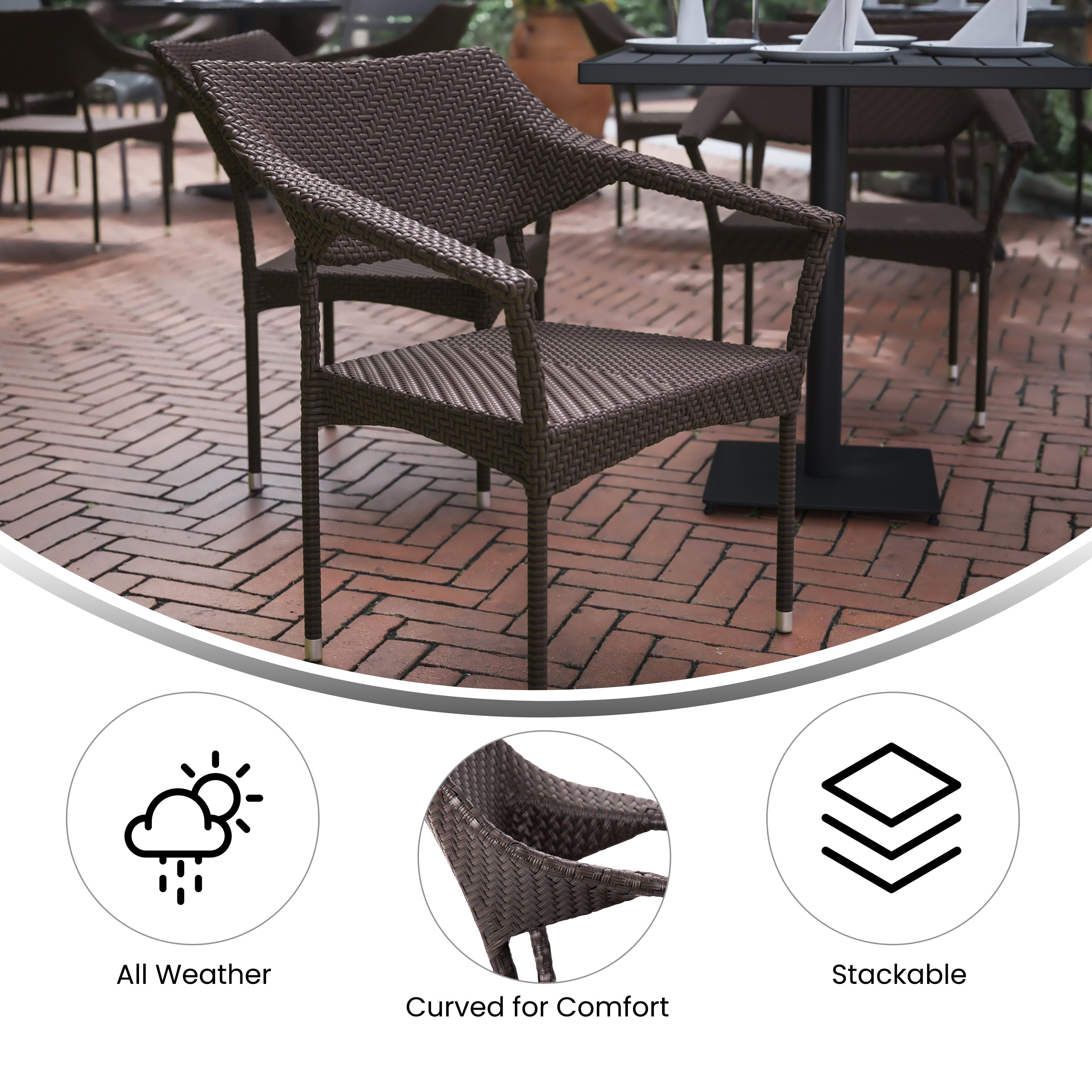 Jace Commercial Grade Stacking Patio Chair, All Weather PE Rattan Wicker Patio Dining Chair in Espresso