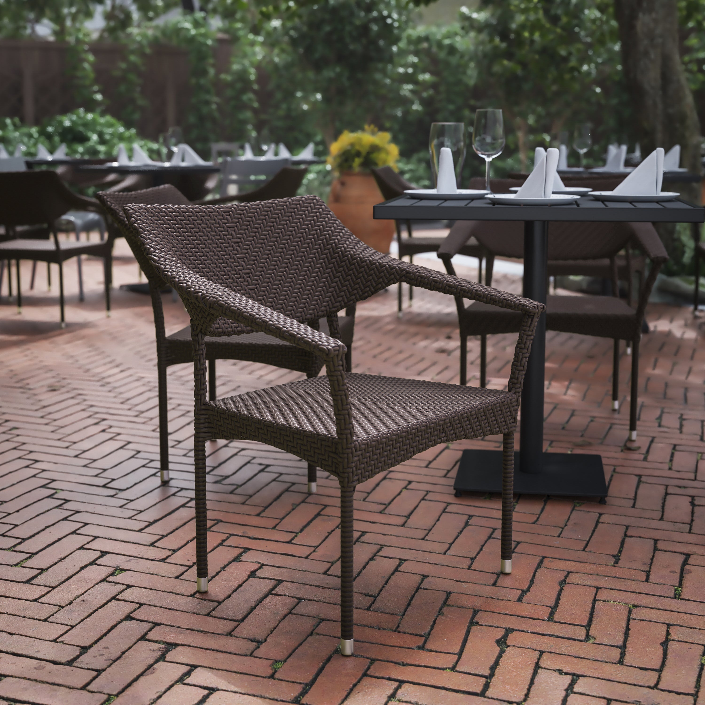 Jace Commercial Grade Stacking Patio Chair, All Weather PE Rattan Wicker Patio Dining Chair in Espresso