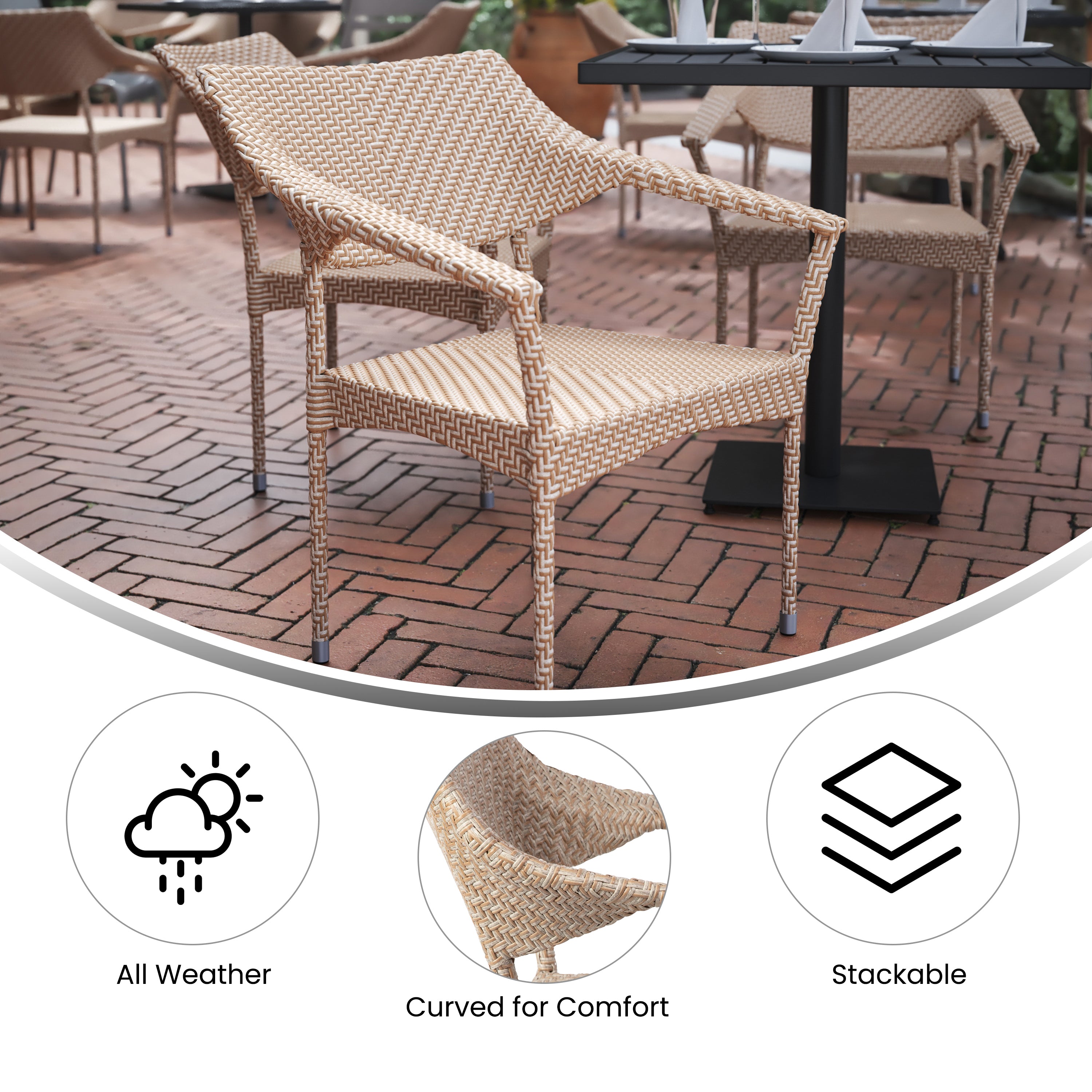 Jace Commercial Grade Stacking Patio Chair, All Weather PE Rattan Wicker Patio Dining Chair in Natural